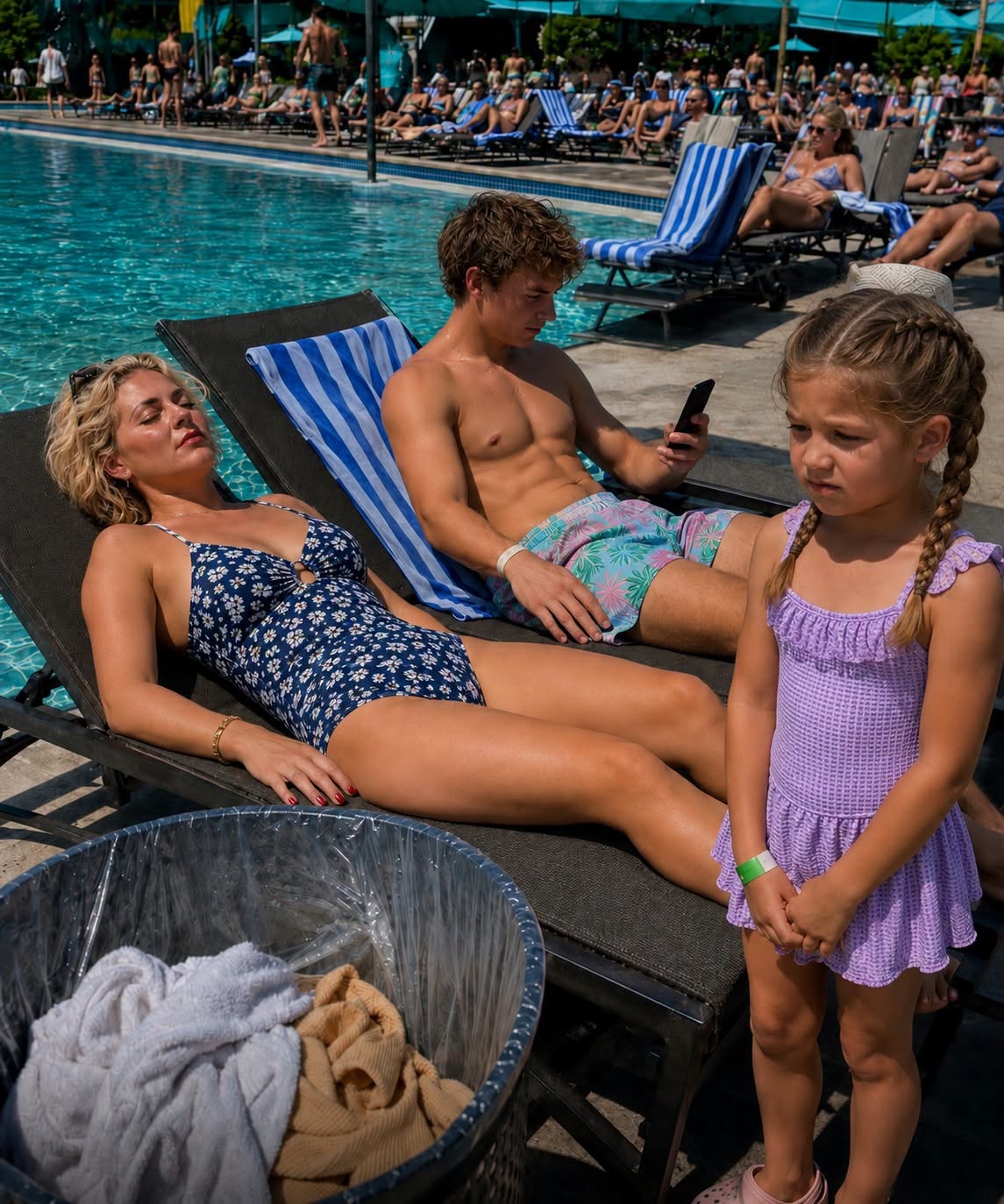 A rude woman took the pool chairs my 8-year-old daughter and I had reserved, threw our towels in the trash, and told us to go somewhere else. But twenty minutes later, the whole resort watched karma catch up with her.