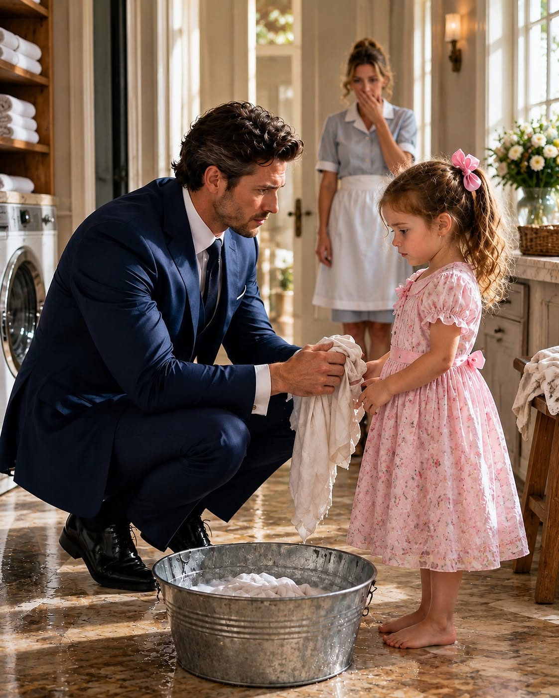 I came home early and found my housekeeper’s three-year-old daughter standing barefoot on a stool, scrubbing one of my custom-made shirts in freezing water. Her tiny hands were red and swollen, but she refused to stop because she believed her sick mother would lose her job if the stain remained. Everyone in my house feared my temper—but when that little girl looked at me and whispered, “If Mama loses this job, we won’t have a home,” I was suddenly eight years old again.
