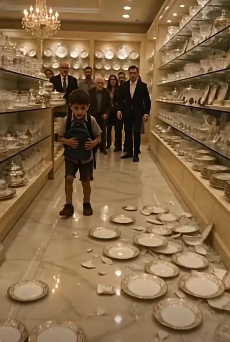 The luxury showroom glowed with warm designer light, endless shelves of crystal dishes and porcelain sets sparkling over polished marble—then disaster exploded in the first second. A tiny boy in a torn school uniform brushed past a display, his ripped sleeve catching the edge.