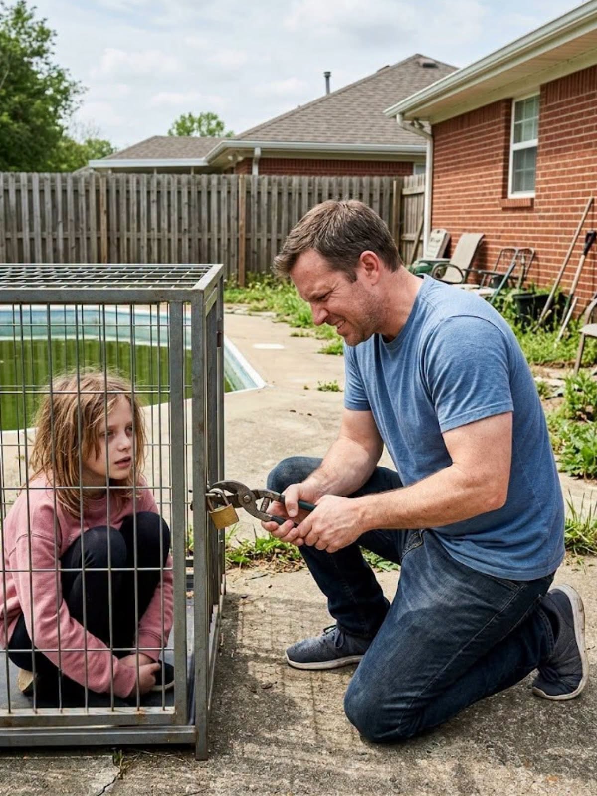 My ten-year-old daughter stopped answering my calls for three days, so I drove to her mother’s house and found her l0cked inside a metal ca:g:e in the backyard. I broke the lock and pulled Emily into my arms, but instead of asking me to take her home, she stared at the murky swimming pool and whispered, “Daddy, please don’t look.” Then I noticed several black bags beneath the water.