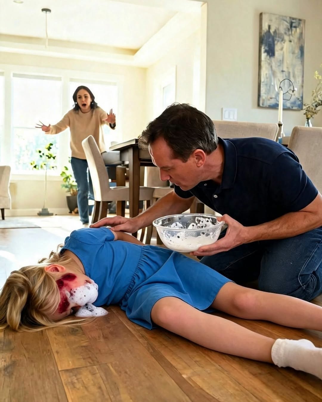 My husband forced our 7-year-old daughter to swallow a bowl of foaming toilet cleaner just because she dropped a glass, watching her choke and writhe in agony. Just as I lunged forward to save her, my mother-in-law suddenly pushed open the door, tossed another bottle of chemicals onto the floor, and coldly said, 'That's right, teach the little brat a lesson she'll never forget!'