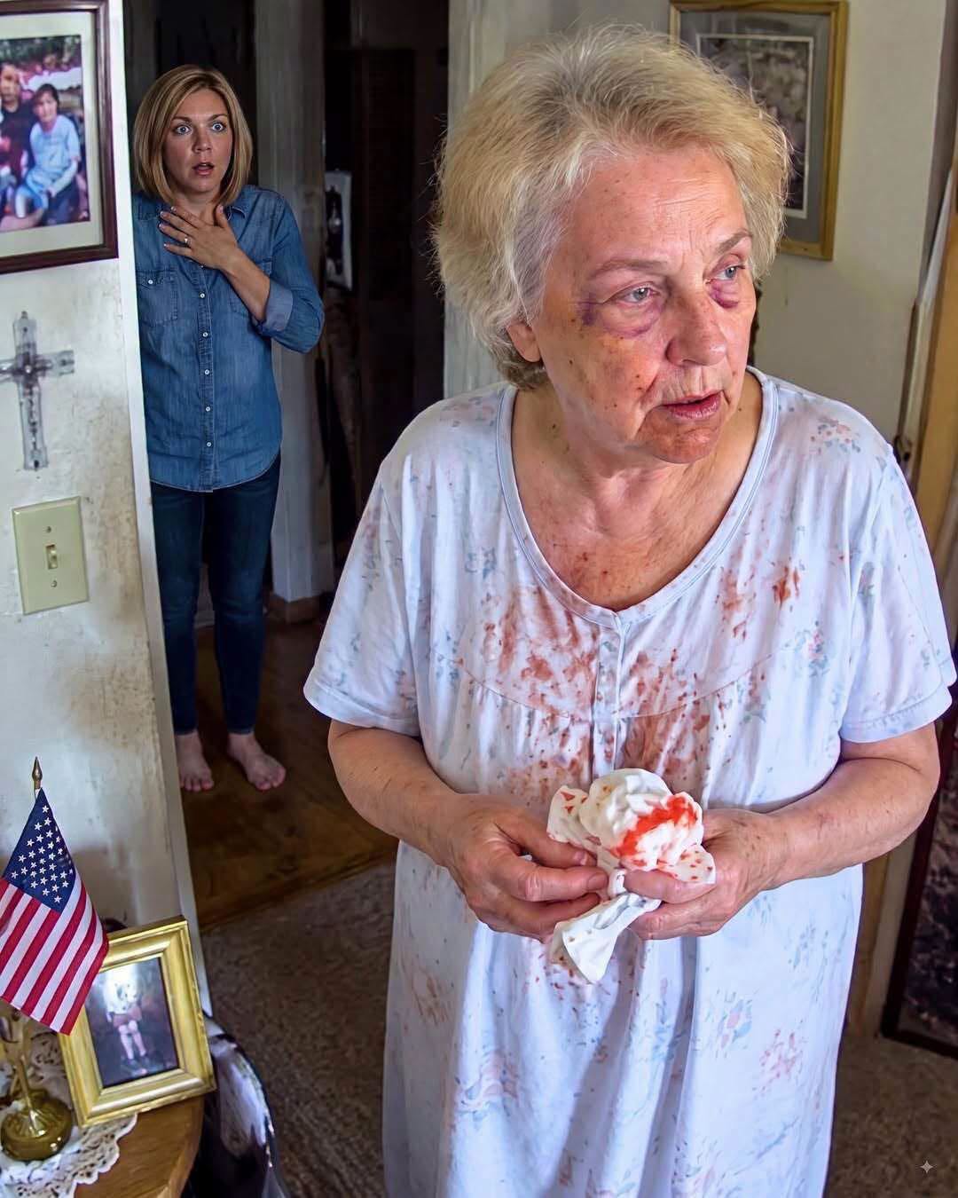 I came home early hoping to surprise my mother and wife, but what I saw in the kitchen stopped me in my tracks. Mom was in:ju:red, shaking with hunger, and desperately eating scraps while my wife relaxed nearby, laughing over a glass of wine. “She’s just being dramatic,” my wife said. I looked at the marks on my mother, quietly locked the front door, and whispered, “Enjoy that wine. By tomorrow, you may have nothing left to celebrate.”