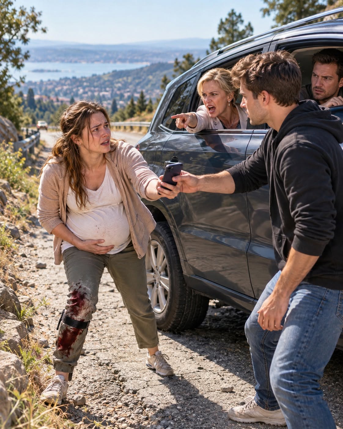 My mother-in-law forced me to push her stalled car uphill while pregnant because my husband had spent our fuel money on his girlfriend. He took the support from my injured knee and steered while his brother laughed from inside. Blood spread through my trouser leg before the car moved ten feet. Then they released the brake without warning.