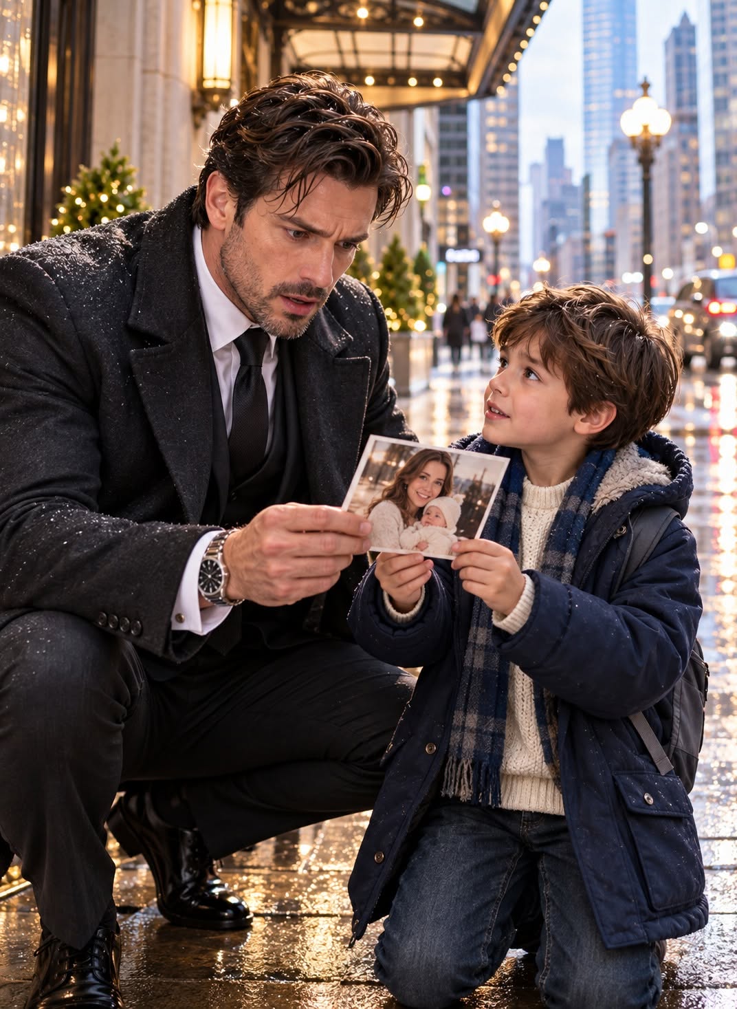 A terrified eight-year-old boy threw himself into my arms on a rain-soaked Chicago sidewalk and begged me to pretend I was his father. Two uniformed men tried to force me to hand him over, but the moment they discovered who I was, they backed away. Then the boy pulled a photograph from his coat that made me realize our meeting might not have been an accident at all.