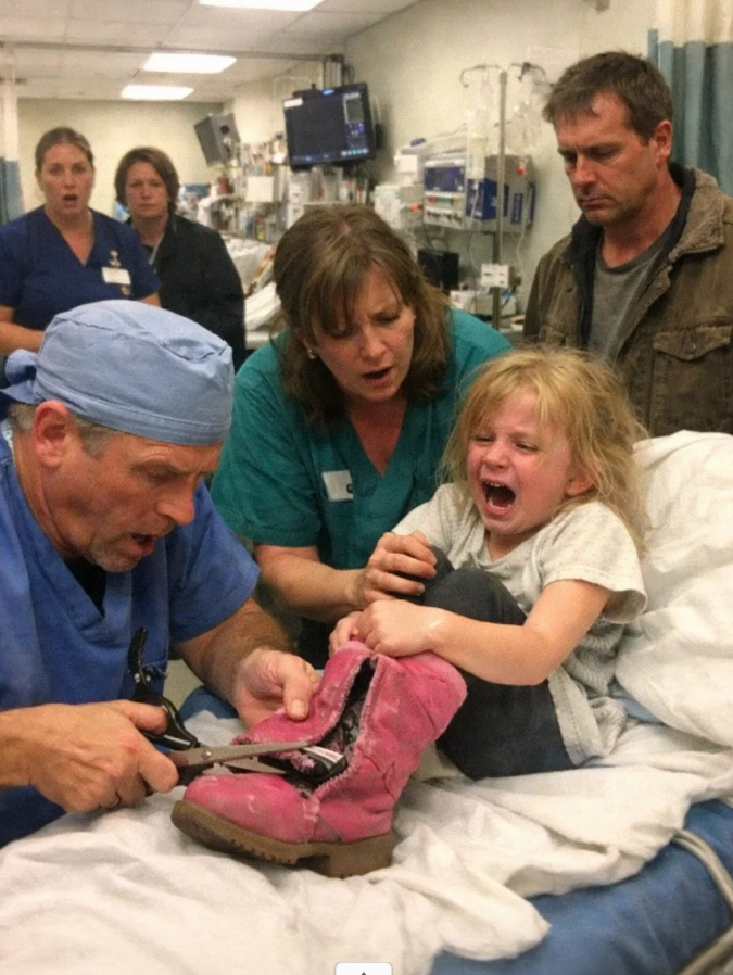 A 7-Year-Old Girl Screamed When Nurses Tried to Remove Her Boots in the ER — “Don’t Take Them Off, He Said the Bad Will Come Out,” She Begged, But When the Surgeon Cut Them Open, the Entire Room Froze in Horror