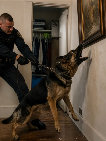 During the house search, the dog started barking loudly at a painting