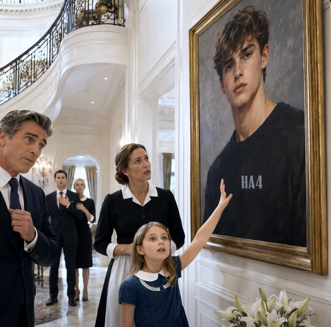 The rain continued tapping against the mansion windows while Adrian Caldwell stared at the twelve-year-old girl standing beneath his son's portrait.