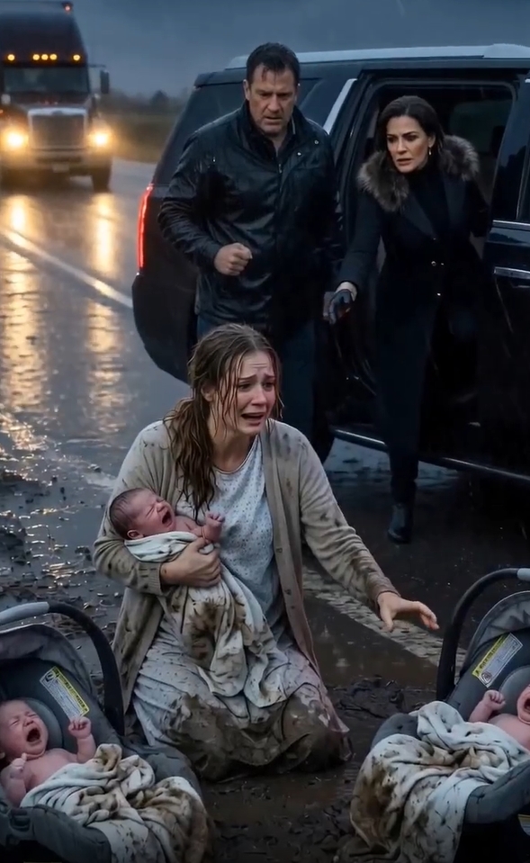 In the freezing rain, a terrified young mother knelt in the mud