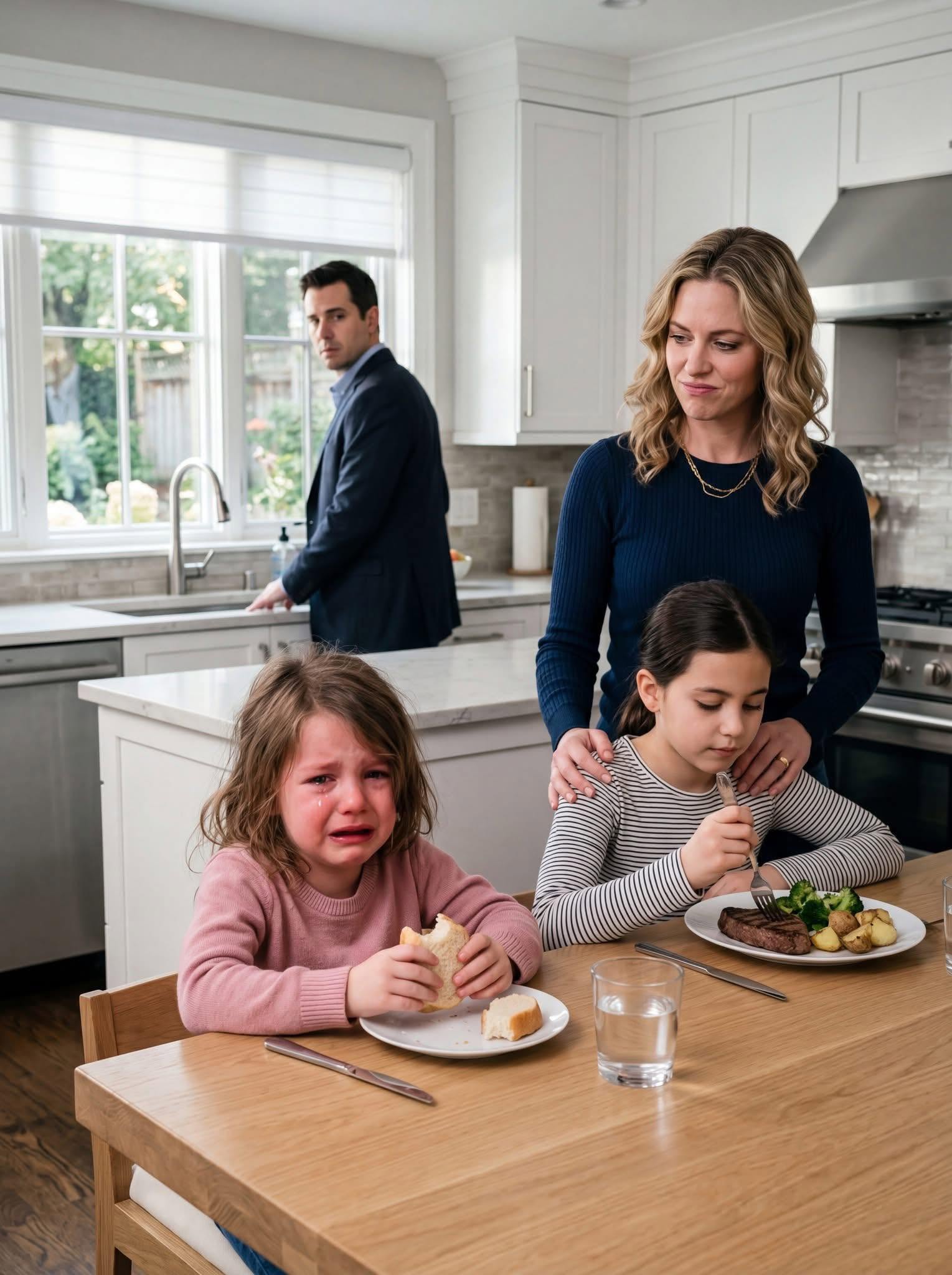 Mom… could I have a little more?” A seven-year-old girl asked her stepmother for extra food while her stepsister sat across the table eating steak