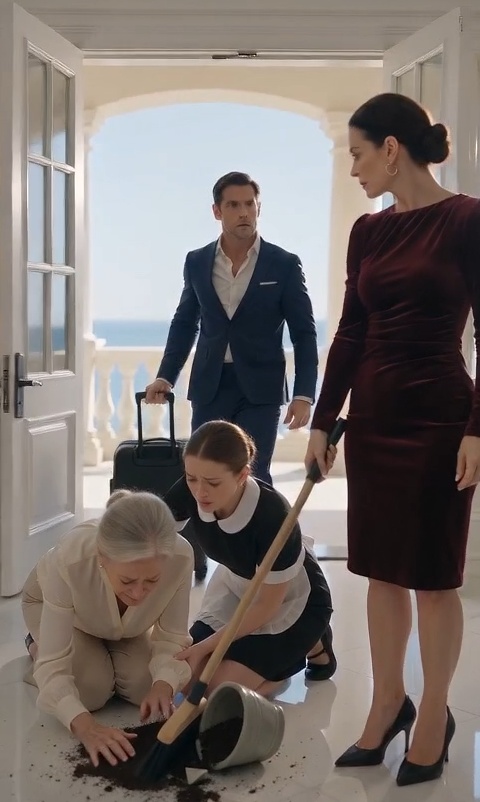 Margaret Vale was on her knees in the white marble foyer when her son came home