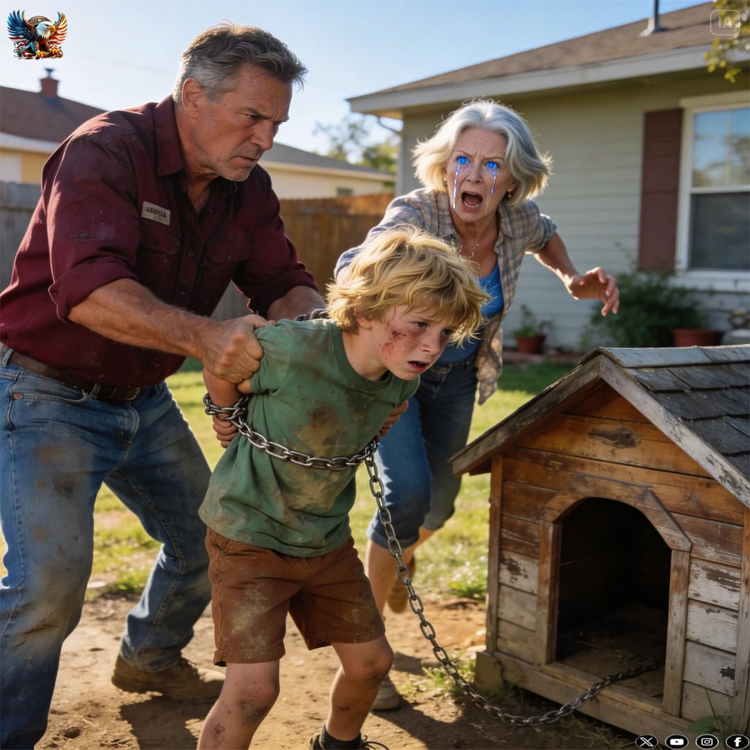 At my son’s house, I discovered my grandson chained to a doghouse, weak enough to beg for water