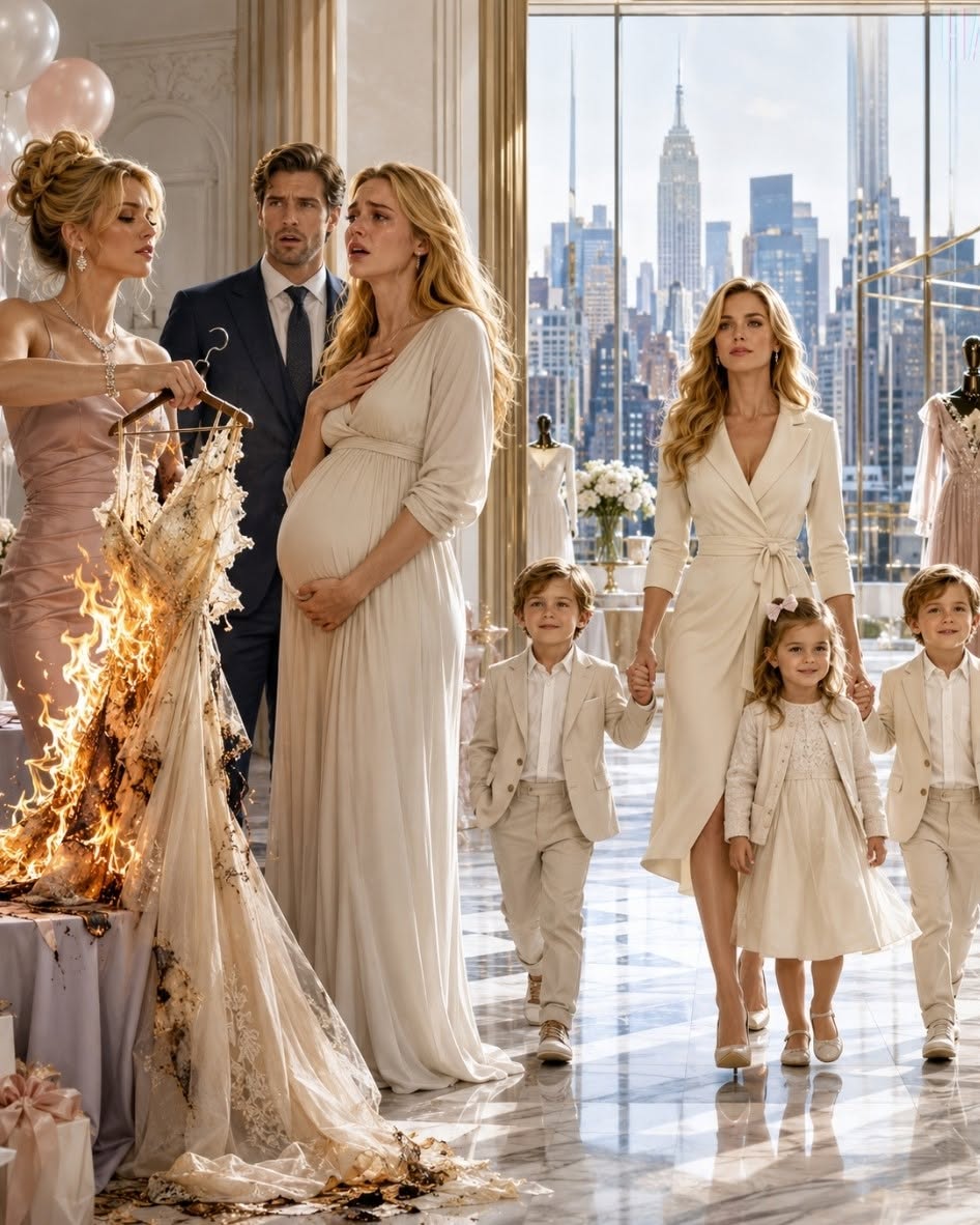 He Watched His Mistress Burn His Pregnant Wife’s Baby-Shower Dress—Four Years Later, Their Triplets Walked Into New York Owning His Family’s Fashion Empire