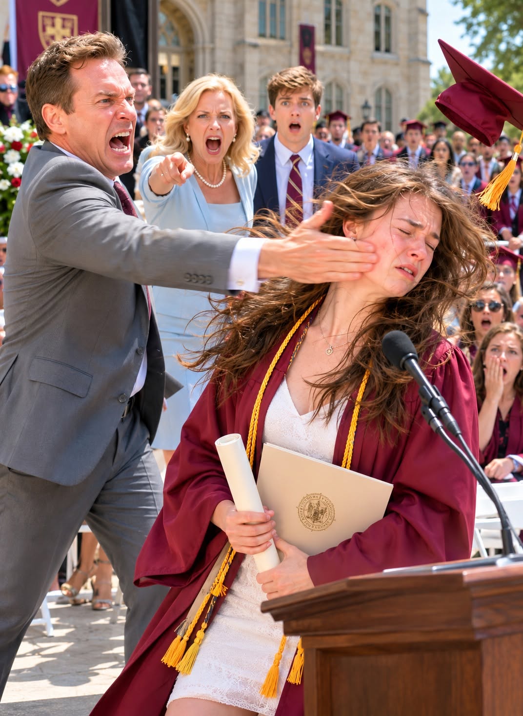 My father's hand crashed across my face so violently that my graduation cap flew through the air and skidded across the pavement