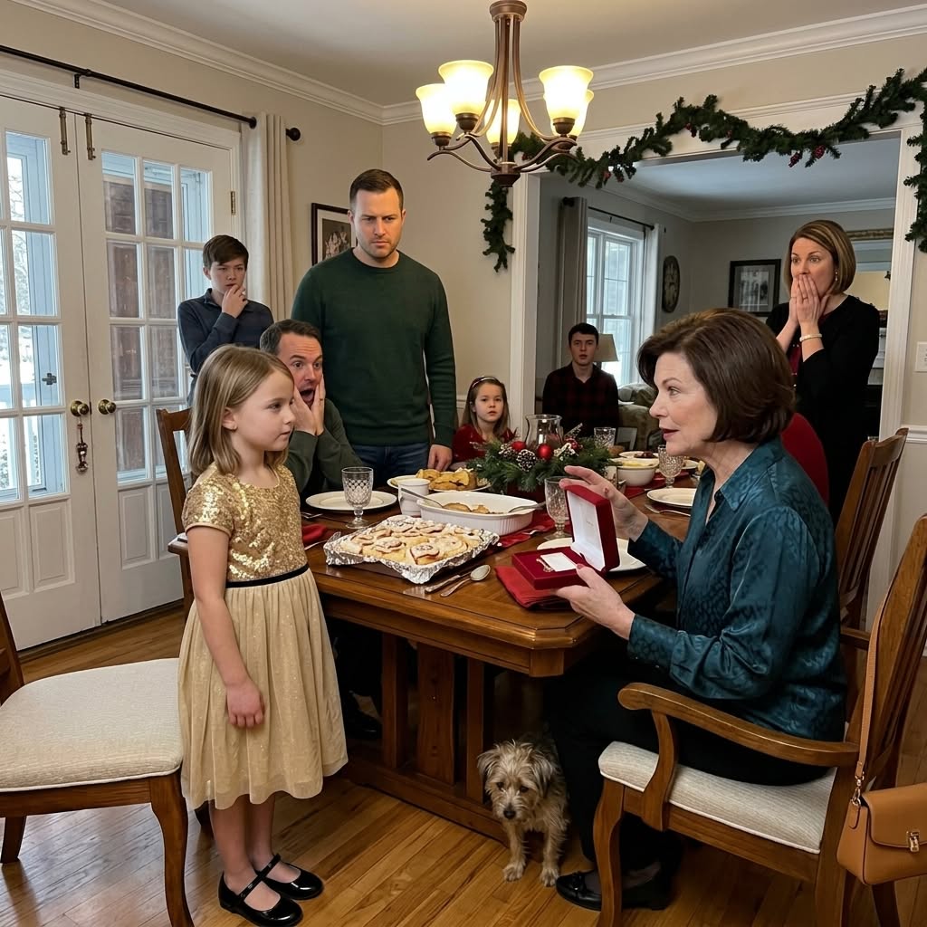 She publicly reminded my daughter she wasn’t “real family” on Christmas morning—until my seven-year-old calmly handed Grandma a red box that changed everything.
