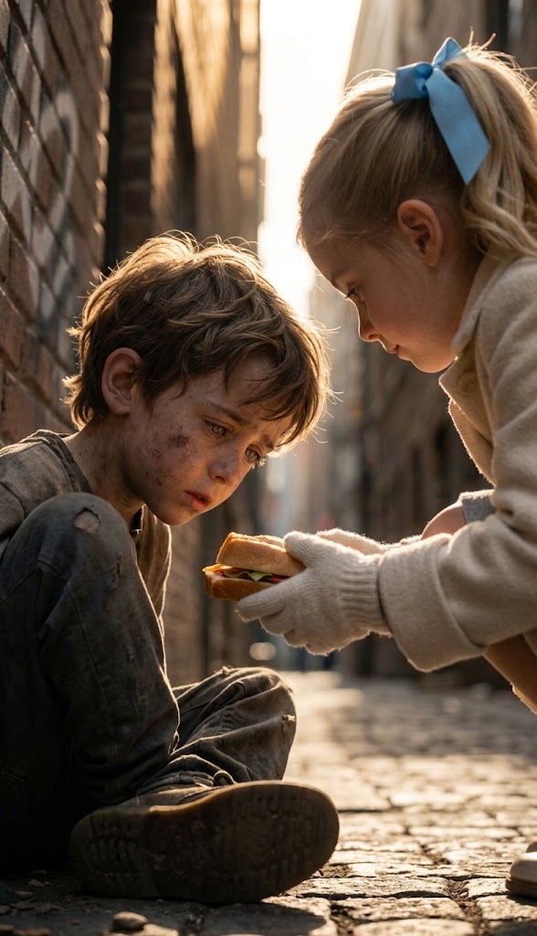 THE LITTLE GIRL GIVES A SANDWICH TO THE BOY IN THE ALLEY