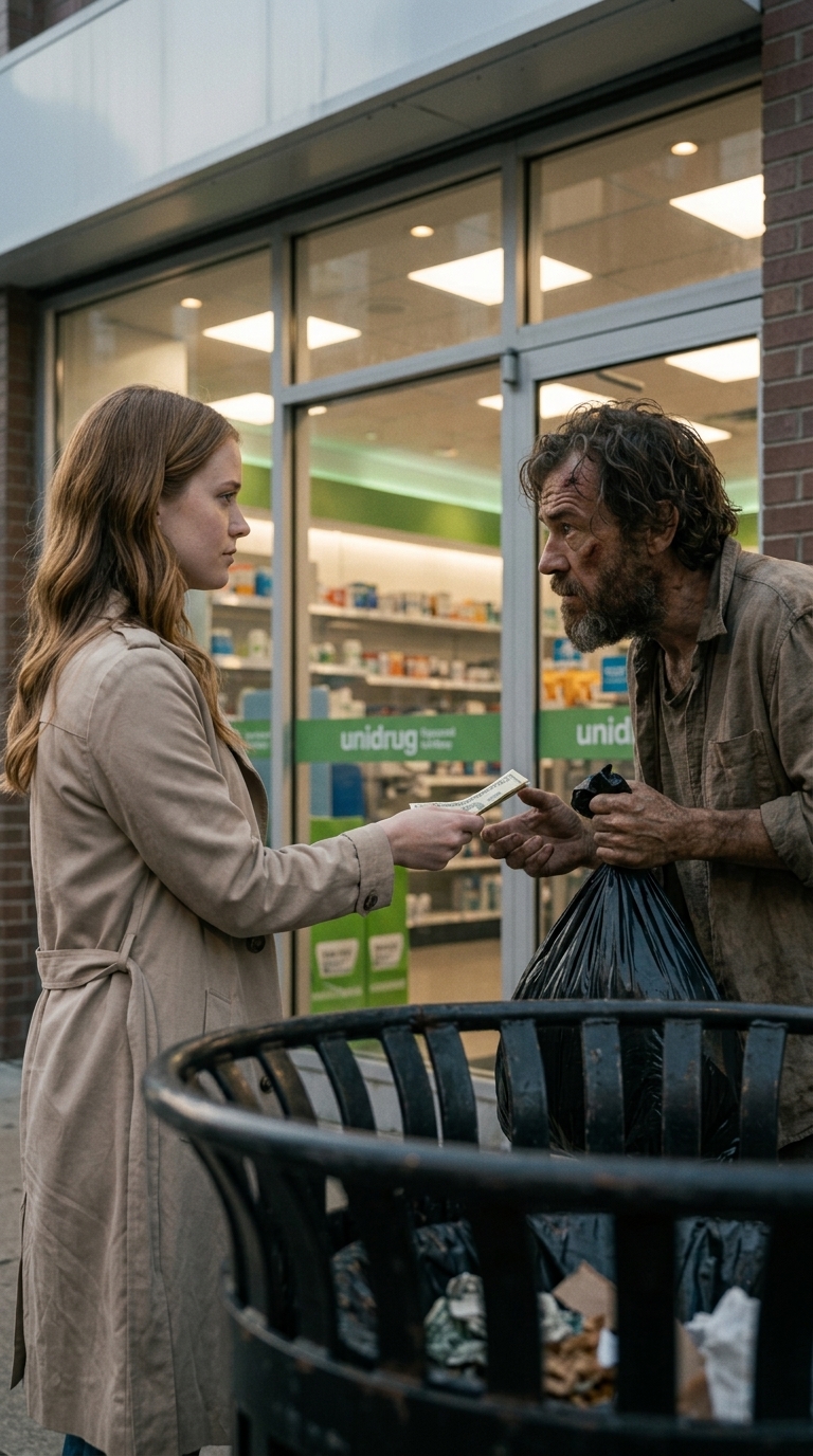 THE GIRL AND THE HOMELESS MAN IN FRONT OF THE PHARMACY