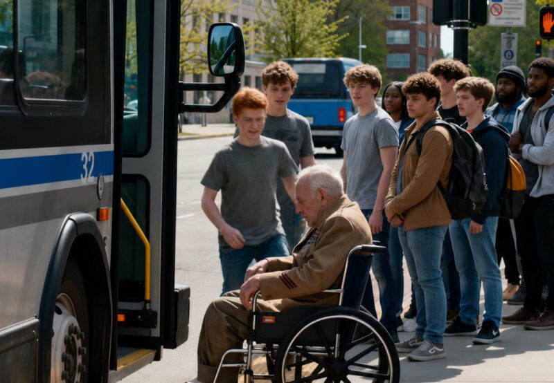 One of the young men, to appear strong, walked up and kicked an elderly veteran sitting in a wheelchair, but when the bus driver saw all this, he went up to them, and what he did shocked everyone on the spot.