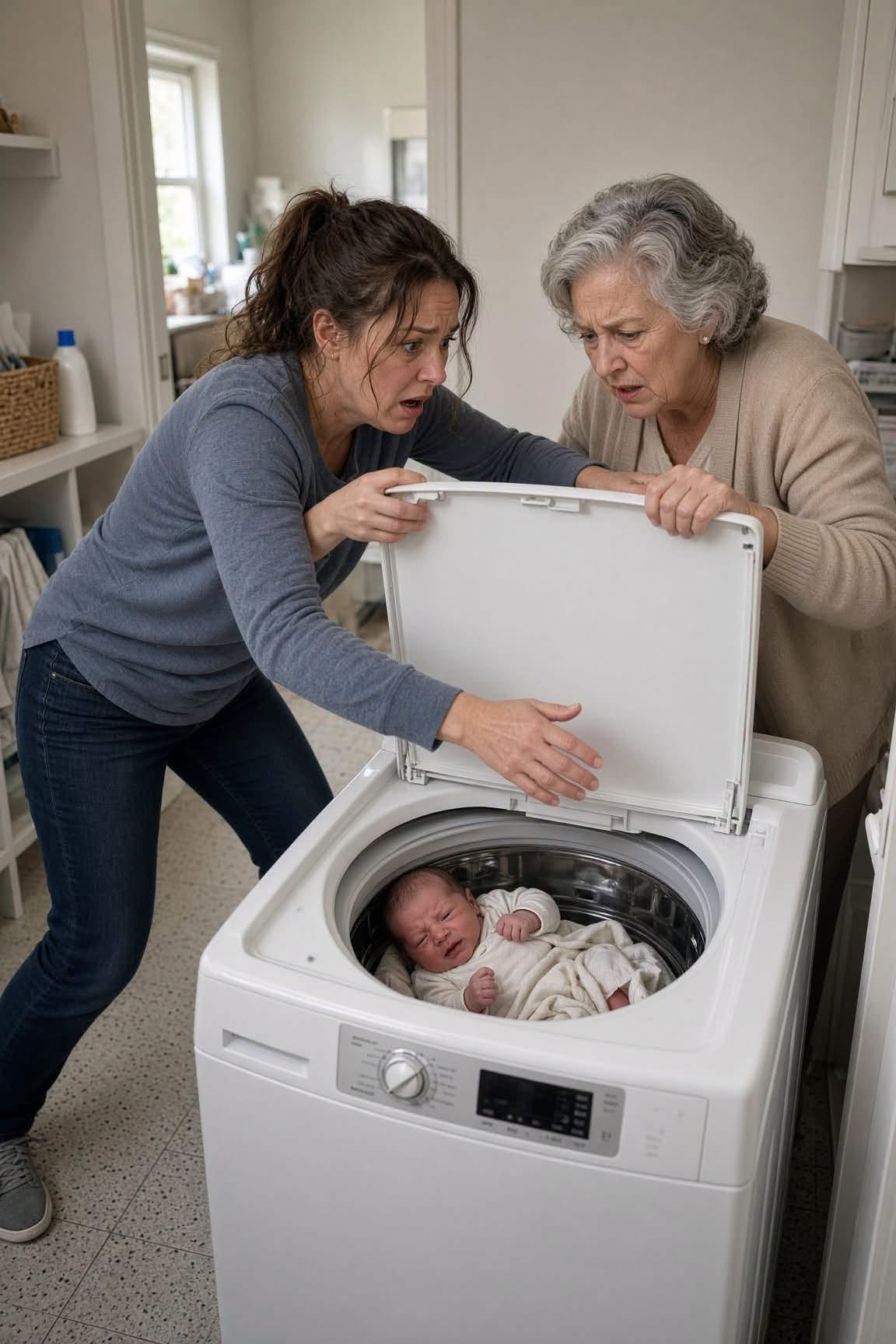 I was cleaning my sister’s house when I found her newborn son inside the washer and his grandmother holding the lid.