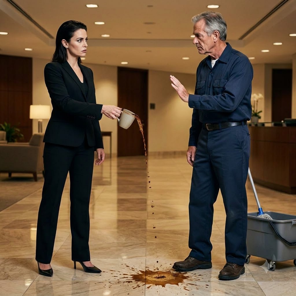 Malcolm Avery was the older janitor most people at Ridgewell Systems barely noticed. That Tuesday morning, he was finishing the marble floor in the company's main lobby when Lydia Crane walked through the doors carrying coffee.