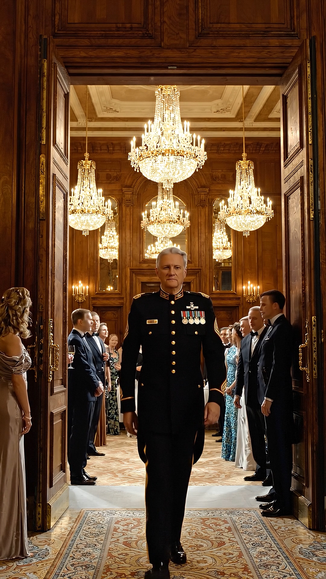 The first thing everyone noticed about Grace Miller was not her face, or her trembling hands, or the way she moved through the ballroom like she was trying to take up as little space as possible.  It was the tear in the back of her uniform.  A long, ugly rip ran from her shoulder blade almost to her waist, splitting the white cotton maid’s dress open under the golden chandelier light. Beneath it, where every guest at the Harrington Charity Gala could see, were scars.  Not small scars. Not the kind people politely pretended not to notice.  These were deep, raised lines across her back, old and brutal, crossing over one another like somebody had tried to erase her from the world and failed.  For three full seconds, the ballroom went silent.  Then someone laughed.  It came from near the champagne tower, sharp and cruel, and within moments the sound spread like spilled wine. A woman in diamonds covered her mouth with two fingers, not to hide horror, but amusement. A man in a velvet dinner jacket leaned toward his wife and whispered something that made her eyes widen before she smiled.  Grace stood frozen in the center of the marble floor, holding a silver tray with six glasses of sparkling water, each one trembling so badly the bubbles shook.  Across from her, Vivian Harrington adjusted the black satin sleeve of her gown and smiled as though she had just given the room a little entertainment.  “I told you,” Vivian said loudly enough for every donor, judge, senator, and millionaire in the ballroom to hear. “This is what happens when staff pretend they belong in rooms like this.”  Grace’s lips parted, but no words came out.  Only ten minutes earlier, she had been invisible. She had slipped between guests, refilled glasses, collected empty plates, and kept her eyes on the floor like all temporary staff were trained to do. Harrington House was famous in Connecticut: twenty-seven bedrooms, a private lake, a gallery of oil portraits, and a family name that appeared on hospital wings, university libraries, and political campaign checks.  Grace had been hired that morning through an agency. One shift. Six hours. Two hundred dollars. Enough to pay the overdue electricity bill in the tiny apartment where her younger brother slept under two blankets because the radiator barely worked.  She had told herself she could survive anything for six hours.  Then Vivian’s daughter, Charlotte, had accused her of stealing a bracelet.  The bracelet had been found moments later under Charlotte’s own clutch, where she had drunkenly dropped it. But Vivian Harrington was not a woman who apologized to staff. Instead, she had reached out, grabbed Grace by the shoulder, and spun her around so violently that the old seam of Grace’s uniform tore open.  And the scars appeared.  Now the entire ballroom stared.  “Look at her,” Charlotte said, swaying slightly in her silver dress, her cheeks flushed from champagne. “God, where did the agency even find you? A prison?”  Another ripple of laughter moved through the guests.  Grace lowered the tray slowly to a nearby table. If she tried to keep holding it, she knew the glasses would fall. Her fingers felt numb. Her heart beat so hard she could hear it in her ears.  “I didn’t steal anything,” she said quietly.  Vivian stepped closer. She was in her late fifties, beautiful in the sharp, polished way rich women sometimes are, with hair like carved silver and eyes that had never needed to ask permission.  “No,” Vivian said. “But you lied.”  Grace looked up.  “You lied by walking through my house as if you were normal.”  A few people murmured. One man looked down at his shoes, uncomfortable but unwilling to intervene. That was the thing Grace had learned about powerful rooms: cruelty rarely needed many people to commit it. It only needed everyone else to watch.  Vivian lifted one manicured hand toward Grace’s exposed back.  “Ladies and gentlemen,” she said, “this is why background checks matter.”  Grace’s face burned. She reached behind herself, trying to pull the torn fabric together, but the rip was too wide. Her fingers brushed the scars and she flinched, not from pain, but memory.  The fire.  The smoke.  The screaming metal.  A little girl crying somewhere she couldn’t see.  A man’s voice shouting, “Keep moving! Don’t you dare stop!”  Grace swallowed hard.  “I’ll leave,” she whispered.  “No,” Vivian said. “You’ll wait for security.”  Charlotte laughed again. “Mom, don’t be dramatic. Just throw her out before she bleeds on the floor.”  That was when the front doors opened.  The sound cut through the ballroom like a gunshot.  Everyone turned.  A tall elderly man stood in the entrance hall, framed by cold night air and the porch light behind him. He wore a dark military dress uniform beneath an overcoat, his silver hair cropped close, his posture straight despite the cane in his right hand. Across his chest were medals that caught the chandelier light: bronze, silver, blue, red, ribbons from places most of the guests only knew from documentaries.  General Thomas Whitaker had arrived late.  The room changed instantly.  Men straightened their jackets. Women softened their expressions. The mayor moved forward with both hands outstretched.  “General Whitaker,” Vivian said, her voice turning warm and expensive. “What an honor. We were afraid you wouldn’t make it.”  The General did not look at her.  He was looking at Grace.  At first, his expression was unreadable. Then his face went pale.  His cane struck the marble once as he stepped forward.  “Turn around,” he said.  Grace looked at him, confused and frightened.  Vivian laughed nervously. “General, I’m so sorry you had to walk in during this unpleasant little—”  “Be quiet,” he said.  The ballroom froze again, but this time no one laughed.  Vivian blinked. No one spoke to Vivian Harrington that way in her own home. Not judges. Not governors. Not even her husband, who stood near the fireplace holding a glass he had not yet raised to his lips.  The General moved closer to Grace, his eyes fixed on the scars.  “Please,” he said, softer now. “Turn around.”  Grace hesitated, then slowly turned her back to him.  The old man inhaled sharply.  His cane slipped against the floor.  For one terrifying second, it looked like he might collapse.  A young aide rushed toward him, but the General lifted a hand to stop him. His eyes were wet now, and the entire room watched as this decorated war hero, this man whose portrait hung in the National Military Museum, raised a trembling hand toward Grace’s back without touching it.  “Where did you get those scars?” he asked.  Grace closed her eyes.  “I was thirteen,” she said. “There was an accident.”  “What accident?”  “A bus crash,” she whispered. “Outside Fort Bragg. The school trip.”  The General’s hand covered his mouth.  Several guests exchanged confused looks. Vivian’s smile began to fade.  Grace kept talking, because once the words started, she could not stop them.  “The bus caught fire. Most of us were trapped. I don’t remember everything. Just smoke. Screaming. Someone pulling kids through a broken window.” She swallowed. “I went back inside because I heard a little girl crying. I found her under two seats. Her legs were stuck.”  The General shut his eyes.  Grace’s voice shook.  “I got her out, but my dress caught fire. Someone threw a coat over me. I woke up three days later in a burn unit.”  No one laughed now.  The chandelier hummed softly overhead.  Vivian stared at Grace as if the maid had suddenly become dangerous.  The General opened his eyes. “The little girl’s name was Emily.”  Grace turned around slowly.  The old man’s face had crumpled.  “My granddaughter,” he said.  A sound went through the ballroom, not quite a gasp, not quite a whisper.  Grace frowned as if she had not understood.  “What?”  “My granddaughter,” the General repeated. “Emily Whitaker. She was seven years old. She told us a girl saved her. A girl with brown hair. A girl who kept saying, ‘Don’t let go of my hand.’”  Grace’s eyes filled with tears.  The General reached into the inside pocket of his coat and took out an old, folded photograph. His hands shook as he opened it.  It was faded at the edges, creased down the middle. A young girl sat in a hospital bed holding a stuffed rabbit. Beside her, barely visible in the corner of the frame, was a teenage Grace with bandages covering her arms and neck, her face turned away from the camera.  “My son searched for you for years,” the General said. “The hospital records were sealed because you were a minor. Your foster placement changed. We never found you.”  Grace took one step back.  Foster placement.  That word landed in the ballroom like something dirty.  Vivian’s husband looked at his wife. Charlotte stopped smiling.  The General’s voice became stronger.  “Emily lived because of you. She became a pediatric surgeon because of you. Every Christmas, my family lights a candle for the girl who saved her life.”  Grace pressed both hands to her mouth.  For years, she had believed nobody remembered. The newspaper article had called her one of the injured. Not the rescuer. The foster family she lived with at the time had used the settlement money for themselves and moved away. Her scars had become something people stared at, something employers questioned, something men recoiled from.  A reminder of the day she had been brave, punished by a world that only saw the damage afterward.  General Whitaker turned slowly toward Vivian.  “What happened here?”  Vivian’s face tightened. “There was a misunderstanding. The girl was accused of theft, and—”  “She has a name,” the General said.  Vivian swallowed. “Grace.”  “Say it properly.”  The room went so quiet that the faint clink of ice in someone’s glass sounded enormous.  Vivian looked at Grace. Her lips barely moved.  “Miss Miller.”  The General nodded once.  Then he looked around the ballroom.  “You all saw her humiliated,” he said. “You saw a young woman exposed against her will. You saw her mocked for wounds she earned saving a child’s life. And not one of you stepped forward.”  No one met his eyes.  The mayor suddenly found interest in the carpet. The senator’s wife looked as if she might cry, though Grace suspected it was more from shame than kindness.  The General faced Vivian again.  “You invited me here tonight to accept an award for courage.”  Vivian’s voice cracked. “General, please, this gala has raised nearly two million dollars for veterans’ families—”  “Then give it to someone who understands sacrifice.”  He turned to Grace.  The entire room watched as General Thomas Whitaker, recipient of two Silver Stars, lowered himself to one knee.  His aide moved forward again in panic, but the General waved him off.  Grace stood completely still, tears sliding down her face.  The old man bowed his head.  “Miss Miller,” he said, his voice breaking, “on behalf of my family, I am sorry. For not finding you. For not thanking you. For every room that ever made you feel ashamed of the proof that you survived.”  Grace shook her head, crying harder.  “Please don’t kneel,” she whispered.  “I have knelt for presidents,” he said. “I can kneel for the woman who saved my granddaughter.”  That was the moment the first guest began to clap.  It started near the back, uncertain and small. Then another person joined. Then another.  Within seconds, the ballroom filled with applause.  But Grace did not smile.  She looked at the same people who had laughed minutes before. Their hands now struck together in eager rhythm, their faces wet with sudden morality, as if applause could erase silence.  The General seemed to understand.  He rose slowly, with Grace’s help, and shrugged off his overcoat. He placed it gently around her shoulders, covering the torn uniform and the scars beneath it.  Then he turned to Vivian Harrington.  “Your charity will not receive my name,” he said. “My foundation will withdraw its endorsement by morning.”  Vivian went pale.  The Harrington name had survived scandals, lawsuits, affairs, and bad investments. But it had never survived public disgrace in a room full of witnesses with phones in their pockets.  Charlotte stepped forward, her voice small now. “It was just a mistake.”  Grace looked at her.  “No,” she said. “A mistake is dropping a glass. You chose this.”  Charlotte’s eyes filled with angry tears, but no one rushed to comfort her.  The General offered Grace his arm.  “Come with me,” he said. “There is someone who has waited fifteen years to meet you.”  Grace’s breath caught.  “Emily?”  He smiled through tears.  “She’s outside. She came with me. She didn’t want to come in because she hates these events.” He glanced around the room. “Smart woman.”  For the first time that night, Grace almost laughed.  As they walked toward the entrance hall, guests stepped aside. Not because she was staff. Not because she was damaged. But because every person in that room understood that Grace Miller had walked in invisible and was leaving as the only person worth remembering.  At the door, Vivian called after her.  “Miss Miller.”  Grace stopped but did not turn around.  “I’m sorry,” Vivian said.  Grace looked over her shoulder.  Vivian’s face was tight, humiliated, desperate. Not sorry enough to have said it when she still had power. Sorry only now that power had turned against her.  Grace nodded once.  “I hope one day you mean that.”  Then she walked out.  The night air hit her face like freedom.  On the front steps of Harrington House stood a woman in a navy dress, about twenty-two or twenty-three, with dark hair pinned behind her ears and a medical resident’s badge clipped to her coat. When she saw Grace, she covered her mouth with both hands.  Neither of them spoke at first.  Then Emily Whitaker crossed the steps and wrapped her arms around the woman who had once carried her through smoke.  Grace froze, then broke completely.  She sobbed into Emily’s shoulder while the General stood beside them, his medals shining faintly under the porch light.  Behind them, inside the mansion, the gala continued in ruined silence.  But outside, Grace heard something she had waited fifteen years to hear.  Emily whispered, “I remember your hand.”  Grace held her tighter.  And for the first time since the fire, the scars on her back did not feel like a punishment.  They felt like proof.  Proof that she had been there.  Proof that she had survived.  Proof that even in a room full of people determined to make her small, the truth could still walk in wearing medals and bring the whole mansion to its knees.