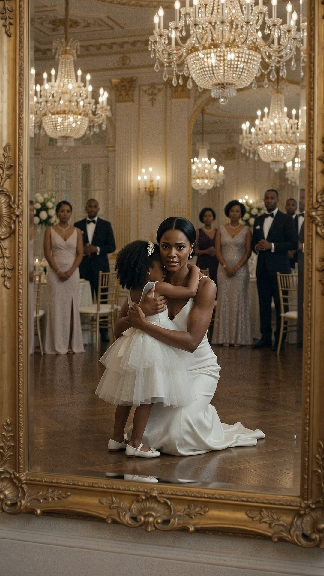 The Mother Saw Everything in the Mirror—Then the Wedding Fell Silent  No one noticed the mirror until it was too late.  The wedding guests were too busy celebrating beneath the chandeliers.  Champagne glasses touched in bright, delicate chimes. A jazz quartet played near the white floral arch. Waiters moved carefully between gold chairs and banquet tables covered in ivory linen. Sunlight poured through the tall ballroom windows, warming the polished dark floor and making the entire room glow.  At the center of it all stood Danielle Brooks.  She wore a flowing white silk gown that moved like water whenever she crossed the room. Her black hair was arranged in a neat bridal bun, and the smile on her face had taken nearly three years to return.  This was supposed to be the happiest day of her life.  Not because of the flowers.  Not because of the expensive ballroom.  Not even because of the man waiting near the dance floor to become her husband.  It was supposed to be the day Danielle, her six-year-old daughter Maya, and Marcus Reed finally became a family.  Maya had spent the morning spinning in front of the dressing-room mirror in her layered white dress, asking whether she looked like a princess.  “You look better than a princess,” Danielle had told her.  “What’s better than a princess?”  “A girl who knows she is loved.”  Maya had smiled then.  But she was not smiling now.  Near the ballroom entrance, half-hidden behind a column of white roses, Maya was crying.  No one heard her at first.  The music covered the sound.  The guests blocked the view.  But the enormous antique mirror on the opposite wall reflected everything.  Danielle caught the movement while speaking to Marcus’s aunt.  At first, she saw only the mirror’s ornate gold frame. Then she noticed a small white shape trembling near the doors.  Maya.  Standing over her was Bernice Reed, Marcus’s sixty-three-year-old mother.  Bernice’s silver-gray hair was pinned into a formal bun. Her gray lace gown was elegant and severe, matching the expression she had worn through most of the ceremony.  In the reflection, Bernice had one hand wrapped tightly around Maya’s arm.  She was trying to drag the child toward the hallway.  Maya pulled back.  Bernice leaned close and said something that made the little girl’s face collapse in terror.  Danielle stopped hearing the conversation around her.  The ballroom seemed to narrow until only the mirror remained.  Only Maya.  Only Bernice’s fingers digging into her daughter’s arm.  Danielle turned.  She did not excuse herself.  She did not call for Marcus.  She crossed the ballroom immediately.  Her silk gown swept behind her as she moved between tables. Guests stepped aside. A waiter froze with a tray balanced above his shoulder.  “Let her go!”  Danielle’s voice cut through the music.  The jazz quartet stopped.  Every conversation ended.  Bernice looked up just as Danielle reached them.  “What are you doing?” Danielle demanded.  Maya tried to move behind her mother.  Bernice still had hold of her arm.  “The child was wandering into a restricted area,” Bernice replied.  “She was standing beside the door.”  “She refused to listen.”  Danielle looked down.  Red marks were already forming on Maya’s skin.  “Take your hand off her.”  Bernice released Maya slowly.  The little girl rushed into Danielle’s side and wrapped both arms around her waist.  Bernice straightened her shoulders.  “You are embarrassing yourself.”  Danielle stared at her.  “Why is my daughter crying?”  “She is emotional.”  “What did you say to her?”  “Nothing that concerns the entire room.”  “Then tell me quietly.”  Bernice glanced at the guests.  Hundreds of faces watched them beneath the chandeliers.  Marcus was crossing the dance floor now, confusion replacing the smile he had worn moments before.  “What happened?” he asked.  Danielle did not take her eyes from Bernice.  “Your mother was dragging Maya out of the ballroom.”  “I was preventing her from entering a private corridor,” Bernice said.  Maya clutched Danielle’s gown.  “There’s a man in there,” she whispered.  Marcus heard her.  “What man?”  Bernice’s face tightened.  “No one.”  Maya pointed toward the hallway behind the ballroom doors.  “He told Grandma I saw him.”  The guests nearest them exchanged uncertain looks.  Marcus lowered himself to Maya’s height.  “Sweetheart, who did you see?”  Maya’s eyes moved toward Bernice.  The older woman gave her a warning look.  Danielle saw it.  She stepped directly between them.  “Look at me, baby.”  Maya raised her tearful face.  “You are not in trouble.”  Bernice let out an impatient breath.  “This is ridiculous. She walked into a service corridor, saw an employee and invented a story.”  Maya shook her head fiercely.  “He wasn’t an employee.”  “How do you know?” Marcus asked.  “He was in the picture.”  Danielle felt Maya trembling against her.  “What picture?”  “The one in Grandma’s room.”  Bernice went still.  Marcus looked at his mother.  “What picture?”  “There is no picture.”  Maya pointed again toward the hallway.  “The man standing next to Grandpa.”  Marcus’s father had been dead for eleven years.  A hush spread through the guests who knew the family history.  Danielle noticed Bernice’s expression change.  It happened for less than a second.  But it was not confusion.  It was fear.  Marcus stood.  “Mother, who is in that corridor?”  “No one who matters.”  “That isn’t an answer.”  Bernice moved toward Maya.  Danielle blocked her path.  “Stay away from her.”  “You are allowing a frightened child to control your wedding.”  “This stopped being about the wedding when you put your hands on my daughter.”  Marcus looked at the red marks on Maya’s arm.  His face hardened.  “Did you grab her?”  Bernice’s voice dropped.  “I stopped her from interfering in private family business.”  Danielle gave a bitter laugh.  “Maya is family.”  Bernice looked at her coldly.  “Not yet.”  The words landed in the ballroom like a slap.  Marcus stared at his mother.  Danielle’s expression did not change, but Maya pressed closer to her.  Bernice realized too late that nearly every guest had heard.  “She is not legally your daughter,” Bernice continued. “And you are not yet Marcus’s wife.”  Danielle turned toward Marcus.  The officiant still stood near the floral arch.  The marriage certificate waited on a small table.  The ceremony had been completed, but the papers had not yet been signed.  Bernice knew it.  She had been reminding everyone all morning.  Marcus’s jaw tightened.  “Why does that matter?”  His mother looked at him.  “Because there are consequences to bringing outsiders into this family.”  Danielle felt Maya’s fingers tighten around hers.  “Is that what you called her?” she asked. “An outsider?”  Bernice said nothing.  Danielle knelt and wrapped both arms around Maya.  “No one will ever hurt her again.”  Her voice was calm.  But everyone in the room heard the promise.  In the antique mirror, Danielle saw Bernice watching them.  She also saw something else.  A man stood in the hallway behind the older woman.  He wore a dark suit.  His face was partly hidden by shadow.  For one second, he stared directly into the mirror.  Then he stepped out of sight.  Danielle rose.  “There is someone back there.”  Marcus turned toward the hallway.  Bernice moved in front of the door.  “No.”  Marcus stared at her.  “Move.”  “This is my family’s event.”  “It is my wedding.”  “And I paid for it.”  Danielle looked at Marcus.  There it was.  The invisible chain that had followed him his entire life.  Bernice owned the house where he grew up.  She controlled the trust that funded his company.  She sat on the board of the charitable foundation he managed.  Whenever Marcus challenged her, she reminded him that everything he had could disappear.  Danielle had seen it before.  But never like this.  Marcus stepped closer to his mother.  “Move away from the door.”  Bernice’s expression became almost gentle.  “You do not understand what you are about to destroy.”  “Then explain it.”  “I am trying to protect you.”  “From whom?”  Bernice looked at Maya.  The little girl hid behind Danielle.  “From mistakes that cannot be undone.”  Danielle’s anger sharpened.  “My daughter is not a mistake.”  “I wasn’t speaking about her.”  “Then who?”  Bernice remained silent.  A man’s voice came from the corridor.  “She was speaking about me.”  Every head turned.  The man Danielle had seen in the mirror stepped through the ballroom doors.  He was perhaps sixty-five, tall and thin, with close-cropped gray hair. A pale scar ran from his left temple toward his ear.  Marcus took one look at him and froze.  The color left his face.  “No.”  The stranger stopped beneath the chandelier.  “Hello, Marcus.”  Bernice whispered, “You were supposed to wait.”  The man smiled faintly.  “I did. For eleven years.”  Marcus stepped backward.  Danielle moved beside him.  “Who is he?”  Marcus looked unable to speak.  The stranger answered.  “My name is Samuel Reed.”  A gasp came from one of the older guests.  Marcus stared at him.  “That’s impossible.”  Samuel reached into his jacket slowly.  Two security guards moved toward him.  He raised one empty hand.  “I’m not armed.”  With the other, he removed an old photograph.  He held it where Marcus could see.  Two young men stood together in the image.  They looked almost identical.  Brothers.  Twins.  One was Marcus’s father, Edward Reed.  The other was the man standing in the ballroom.  Marcus looked toward Bernice.  “You told me Uncle Samuel died before I was born.”  Bernice’s lips pressed together.  “I told you what was necessary.”  Samuel laughed without humor.  “She always did.”  Marcus took the photograph.  “Where have you been?”  “In prison.”  Another ripple of shock moved through the ballroom.  Danielle looked toward Bernice.  “For what?”  Samuel’s eyes remained on his sister-in-law.  “For killing Edward Reed.”  Marcus nearly dropped the photograph.  His father’s official cause of death had been a highway accident.  Danielle had visited the grave with Marcus.  She had stood beside him while he described receiving the call at twenty-three years old.  Bernice had told everyone Edward had been alone in the car.  Marcus turned toward his mother.  “You said Dad died in an accident.”  “He did.”  Samuel shook his head.  “He died three days after the crash.”  Marcus stared at him.  “In a hospital?”  “No.”  Bernice’s voice cut through the room.  “Do not listen to him.”  Samuel continued.  “Your father survived the crash. Someone moved him before the ambulance arrived.”  Marcus looked physically ill.  “Who?”  Samuel pointed toward Bernice.  “She did.”  The ballroom erupted into whispers.  Bernice lifted her chin.  “Samuel was convicted because the evidence proved he was responsible.”  “The evidence you created.”  “You threatened Edward.”  “Because he discovered what you had done.”  Marcus looked between them.  “What had she done?”  Samuel glanced at the guests.  “This is not the place.”  Bernice laughed sharply.  “You entered a wedding filled with hundreds of people, and now you’re concerned about privacy?”  Samuel’s face hardened.  “I came because you contacted me.”  Marcus turned to his mother.  “You invited him?”  “I needed to resolve a legal matter.”  “What legal matter?”  Bernice looked toward Maya.  Danielle noticed again.  Every time the truth moved closer, Bernice looked at the child.  “Why does Maya matter?” Danielle demanded.  “She doesn’t.”  “You grabbed her because she saw Samuel.”  “I grabbed her because she stole something from my room.”  Maya shook her head.  “I didn’t steal it.”  Danielle knelt again.  “What did you take?”  The child reached inside the layers of her dress.  Bernice stepped forward.  “Give it to me.”  Danielle stood instantly.  “Don’t move.”  Maya pulled out a small silver key.  Samuel stared at it.  “Edward’s key.”  Marcus took it carefully.  “What does it open?”  Bernice’s face went pale.  “Nothing.”  Samuel looked toward the enormous antique mirror.  “The compartment behind that.”  Every guest turned.  Danielle followed their eyes.  The mirror had been part of the Reed family for generations. Bernice insisted it be moved from the family estate to the ballroom for the wedding.  She had called it a symbol of continuity.  Now Danielle understood that it had been brought for another reason.  Marcus walked toward it.  Bernice stepped into his path.  “You will not open it.”  “Why?”  “Because whatever Samuel told you is a lie.”  “Then the compartment will prove it.”  “It contains private documents.”  Marcus’s eyes filled with disbelief.  “So it exists.”  Bernice realized her mistake.  Samuel moved toward the mirror.  Security watched him carefully.  “There are two locks,” he said. “Edward carried one key. I carried the other.”  Marcus held up the silver key.  “And this?”  “Edward gave it to Bernice the night he died.”  Maya’s small voice rose from behind Danielle.  “It was under Grandma’s pillow.”  Bernice turned on her.  “You went through my belongings?”  “She was looking for a bathroom,” Danielle said.  “No,” Maya whispered.  Everyone looked at her.  Danielle crouched.  “What happened?”  Maya began to cry again.  “Grandma called me upstairs.”  Bernice’s expression changed.  Danielle’s blood ran cold.  “Why?”  “She said she had a surprise.”  “Maya,” Marcus said gently, “what surprise?”  “She showed me a picture of Mommy.”  Danielle froze.  “What picture?”  “You were holding me when I was a baby.”  Danielle had thousands of photographs with Maya.  But none belonged in Bernice’s private room.  “What else was in it?”  “A man was standing behind you.”  Danielle’s heartbeat quickened.  “Which man?”  Maya pointed toward Samuel.  The room seemed to tilt.  Danielle looked at him.  “I have never met you.”  Samuel studied her face.  “No,” he said quietly. “But I met your husband.”  “My husband died before Maya was born.”  Danielle’s first husband, Anthony Brooks, had been a financial investigator. He died after his car went through a barrier during a storm.  At least, that was what she had always believed.  Samuel’s expression filled with sadness.  “Anthony visited me in prison seven years ago.”  Danielle stopped breathing.  “That’s impossible.”  “He was investigating the Reed Foundation.”  Marcus looked at her.  “You never told me Anthony worked on our foundation.”  “I didn’t know.”  Samuel turned toward the guests.  “He discovered millions of dollars moving through false charities. Edward discovered the same thing eleven years earlier.”  Marcus looked at his mother.  “You controlled the foundation’s accounts.”  Bernice’s posture remained rigid.  “I protected that foundation from men who did not understand the damage they were causing.”  “By stealing?”  “By preserving the family.”  Samuel shook his head.  “Edward was going to expose her.”  “And Anthony?” Danielle asked.  Samuel looked at her.  “He found Edward’s evidence.”  Danielle’s knees nearly gave way.  Marcus caught her arm.  She pulled away, not from anger, but because the touch suddenly felt connected to a family she no longer understood.  “You’re saying my husband’s death wasn’t an accident?”  Samuel did not answer immediately.  Bernice did.  “Anthony was careless.”  Danielle turned slowly.  “What did you say?”  Bernice’s eyes widened.  Again, she had spoken too quickly.  Danielle stepped toward her.  “You knew him.”  Bernice backed away.  “Through the foundation.”  “You told me you had never heard his name.”  “I meet thousands of people.”  “You remember him.”  “He made accusations.”  “What accusations?”  Samuel answered.  “That she ordered Edward removed from the hospital.”  Marcus stared at his mother.  Bernice’s face hardened.  “Your father was dying.”  “That is not an answer.”  “He was in pain.”  “You told me he died instantly.”  “I wanted to spare you.”  “Did you kill him?”  The question echoed beneath the chandeliers.  Bernice looked at her son.  For one moment, Danielle saw something human in her expression.  Grief.  Then it disappeared.  “I made a decision.”  Marcus stepped backward as if struck.  Samuel lowered his eyes.  Danielle covered Maya’s ears, but the child had already heard.  “What kind of decision?” Marcus asked.  Bernice’s voice softened.  “Your father wanted to confess everything. The missing money. The false accounts. The people we paid. He would have destroyed you.”  “I was twenty-three.”  “You would have lost your inheritance.”  “I would rather have lost everything than live inside a lie.”  “You say that because you have never had nothing.”  Danielle moved between them.  “Open the mirror.”  Bernice looked at her.  “You have no authority here.”  “I have a daughter whose father may have been killed because of whatever is hidden behind that glass.”  Samuel reached into his pocket.  Security moved again.  He produced a second key.  Marcus stared at it.  “You kept it all these years?”  “It was the only proof I had that Edward trusted me.”  Marcus walked toward the mirror.  Samuel followed.  Danielle took Maya’s hand and remained close behind them.  Bernice called out.  “Marcus, if you open that compartment, your company is finished.”  He stopped.  Guests held their breath.  The board members watched him.  Investors whispered near the tables.  The future of the Reed empire hung inside that pause.  Marcus looked back at Danielle and Maya.  Then he faced his mother.  “Maybe it should be.”  He inserted the silver key into a small lock concealed beneath the mirror’s gold frame.  Samuel inserted the second key on the opposite side.  They turned them together.  A mechanical click sounded behind the glass.  The mirror shifted forward.  Several guests gasped.  A narrow compartment appeared inside the wall.  It contained three leather folders, an old cassette recorder, a flash drive and a sealed envelope bearing Anthony Brooks’s name.  Danielle stared at it.  Her dead husband’s handwriting was on the front.  To Danielle—when Maya is old enough to understand.  Her hands began to shake.  Samuel removed the envelope and gave it to her.  Bernice rushed forward.  “Don’t open that.”  Danielle looked at her.  “Why?”  “Because Anthony was confused.”  “Just like Edward?”  “He became obsessed.”  “Just like Samuel?”  “He threatened all of us.”  Danielle tore open the envelope.  Inside was a short letter.  She read the first line.  Dani, if you are holding this, then I failed to come home.  Tears filled her eyes.  Marcus moved closer, but she raised one hand.  She needed to read it herself.  Anthony wrote that he had discovered a financial network operated through the Reed Foundation. Money intended for housing, schools and domestic violence shelters had been redirected through shell companies.  He believed Edward Reed had tried to expose it years earlier.  He also believed Samuel had been framed for Edward’s death.  The final paragraph made Danielle stop.  “What does it say?” Marcus asked.  Danielle looked at Bernice.  “Anthony knew he was being followed.”  Samuel’s jaw tightened.  “Read the rest.”  Danielle forced herself to continue.  If anything happens to me, do not trust the official account. Bernice Reed knows who ordered the crash. But she is not the person in control.  The guests fell silent.  Bernice looked toward the ballroom doors.  Danielle noticed.  “Who was in control?”  Samuel reached into the compartment and removed one of the leather folders.  The cover carried a gold symbol.  A circle divided by a vertical line.  Marcus recognized it.  “That symbol is on the Reed family trust documents.”  Samuel opened the folder.  Inside were photographs of politicians, business leaders and judges attending private meetings.  Some of those people were standing in the ballroom.  Guests began moving toward the exits.  The doors closed automatically.  Security lights turned red.  A deep electronic lock engaged.  Panic spread through the room.  Marcus looked toward the security chief.  “Open the doors.”  The man touched his earpiece.  “I’ve lost control of the system.”  Danielle pulled Maya closer.  The antique mirror suddenly darkened.  The reflection disappeared.  A video image flickered across the glass.  Anthony Brooks appeared.  Danielle gasped.  The recording had been made years earlier. Anthony looked exhausted, his face unshaven, his eyes fixed on the camera.  “Danielle, I’m sorry.”  She covered her mouth.  Maya looked up.  “Is that Daddy?”  Danielle could not answer.  Anthony continued.  “If this recording is playing at a Reed family event, then Samuel found the keys, and Bernice failed to stop the compartment from being opened.”  Bernice stared at the mirror.  Anthony leaned closer to the camera.  “Bernice Reed helped hide the money. She helped frame Samuel. She helped move Edward from the hospital.”  Marcus looked at his mother with disgust.  “But Bernice did not order the deaths.”  The room became completely still.  Anthony held up a photograph.  A man stood beside Edward and Samuel at a charity dinner.  His face had been torn from the image.  “The person responsible has remained close to the family for decades. He controlled the accounts, the police reports and every investigation.”  Samuel turned toward the older attorney standing near the front table.  “Charles.”  Everyone followed his gaze.  Charles Dalton had served as the Reed family’s legal counsel for forty years.  He was also Marcus’s godfather.  Charles did not look surprised.  He calmly set down his champagne glass.  Marcus stared at him.  “You?”  Charles adjusted his jacket.  “Your father lacked discipline.”  Bernice whispered, “You promised no one would be hurt.”  Charles smiled.  “And you believed me because believing me was profitable.”  Two security guards moved toward him.  Both suddenly turned and drew weapons.  Guests screamed.  Danielle dropped to the floor and covered Maya with her body.  Marcus stepped in front of them.  Charles walked through the frozen crowd toward the antique mirror.  “Edward kept records because he believed confession would save his soul,” Charles said. “Anthony kept records because he believed truth could defeat power.”  He looked at Danielle.  “Both men were wrong.”  Samuel held the leather folder against his chest.  “You will not leave with this.”  Charles nodded toward the armed guards.  “I don’t need the folder. I need the child.”  Danielle’s body went cold.  Marcus looked at him.  “Why Maya?”  Charles smiled.  “Because Anthony hid the final account key in something only his daughter could access.”  Danielle shook her head.  “She was a baby.”  “He was careful.”  Maya began crying beneath her mother’s arms.  Charles looked toward the little girl’s white dress.  “Anthony left her a music box.”  Danielle remembered it.  A small wooden box shaped like a carousel.  Anthony had bought it weeks before his death.  Maya still slept with it beside her bed.  Danielle had brought it to the bridal suite that morning because Maya was nervous.  Bernice closed her eyes.  “You found the photograph,” she whispered to Maya. “You found the key. Did you also find the box?”  Maya looked at her mother.  “I put it behind the mirror.”  Danielle froze.  “When?”  “Grandma told me to hide it.”  Every eye turned toward Bernice.  Danielle rose slowly.  “You called Maya upstairs to use her?”  Bernice’s voice broke.  “I was trying to protect her.”  “You grabbed her when she saw Samuel.”  “Because Charles was watching.”  Danielle looked toward the armed guards.  Then back at Bernice.  “You knew he was coming.”  “I knew he would kill everyone if the compartment opened.”  Marcus stared at his mother.  “And you still brought the mirror here?”  Bernice looked at the antique frame.  “Because this was the only event powerful enough to bring every person connected to the accounts into one room.”  Charles’s smile disappeared.  Samuel understood first.  “This wedding was a trap.”  Bernice nodded.  The older woman who had appeared cruel and controlling only minutes earlier now looked exhausted.  “I needed witnesses Charles could not erase.”  Danielle shook her head.  “You used my daughter.”  “I never intended for Maya to see Samuel.”  “You put your hands on her.”  “I panicked.”  “That does not excuse it.”  “No,” Bernice said. “It doesn’t.”  Charles lifted one hand.  One of the guards moved toward Maya.  Danielle stepped forward.  “No one will ever hurt her again.”  Her voice was low and steady.  Charles regarded her with amusement.  “You cannot protect her from everyone in this room.”  Danielle looked into the antique mirror.  The video had ended.  Its reflective surface had returned.  In it, she saw what Charles could not.  Behind him, several guests were quietly raising their phones.  Not to record.  To activate emergency alerts.  She saw the hotel security chief moving toward a concealed alarm near the wall.  She saw Samuel passing the leather folder to a federal judge.  And she saw Marcus reaching beneath the banquet table for a heavy metal stand.  Danielle kept her eyes on Charles.  “You’re right,” she said. “I can’t.”  His smile widened.  “But they can.”  The ballroom exploded into motion.  Marcus struck the nearest armed guard’s wrist with the metal stand. Samuel tackled the second. Guests dropped behind tables. The security chief hit the emergency alarm.  Charles lunged toward Maya.  Danielle intercepted him.  She shoved her daughter toward Marcus and placed herself between them.  Charles grabbed Danielle’s arm.  She twisted free.  Bernice stepped forward and blocked him.  For the first time, the two women stood together.  Charles stared at her.  “Move.”  Bernice shook her head.  “I already sacrificed one family to protect your secrets.”  Police sirens sounded outside.  “You will sacrifice another.”  “No.”  Charles reached into his jacket.  A sharp crack echoed through the ballroom.  Guests screamed.  Charles staggered.  No one saw where the sound came from.  He collapsed to one knee, one hand pressed against his side.  There was no visible blood beneath his dark suit, only shock on his face.  Federal agents burst through the service doors.  The armed guards were restrained.  Marcus pulled Maya behind a table and covered her.  Danielle remained beside Bernice.  Charles looked toward the mirror.  His reflection appeared fractured by the emergency lights.  He began laughing.  “You think this ends with me?”  The agents ordered him onto the floor.  He ignored them.  “The account cannot be opened without the child.”  Danielle stared down at him.  “Why?”  Charles looked at Maya.  “Because Anthony did not hide the final key inside the music box.”  Danielle’s heart stopped.  “Where did he hide it?”  Charles smiled.  “Inside her name.”  Before anyone could question him, every phone in the ballroom vibrated at once.  A message appeared on hundreds of screens.  MAYA BROOKS IS NOT ANTHONY BROOKS’S DAUGHTER.  Danielle stared at the words.  Marcus looked at her.  Samuel’s face changed.  Even Bernice seemed stunned.  A second message arrived.  The antique mirror displayed a new video.  This time, the man on the screen was Edward Reed.  Marcus’s father.  He sat in a hospital bed, weak but alive.  “If Marcus is watching this,” Edward said, “then he deserves to know why Anthony protected Maya.”  Danielle pulled her daughter close.  Edward took a painful breath.  “Anthony was not her biological father.”  Marcus looked at Maya.  Danielle shook her head.  “No.”  Edward continued.  “Maya’s father was a man whose identity could destroy the Reed family, the foundation and everyone who helped build it.”  The video began to distort.  Marcus stepped toward the mirror.  “Who?”  Edward’s voice crackled.  “The truth is hidden in the first thing Ma  ya ever saw.”  The screen went black.  The ballroom doors finally opened.  Police, reporters and emergency workers flooded the entrance.  Danielle looked into the antique mirror.  Maya’s reflection stood beside her.  But something was wrong.  The little girl in the glass was not looking at Danielle.  She was looking behind her.  Danielle turned.  A man stood among the arriving federal agents.  Tall.  Black suit.  Dark brown eyes.  He looked directly at Maya.  Then he removed his glasses.  Danielle knew his face.  She had seen it once before.  In the photograph hidden inside Bernice’s room.  The man standing behind Danielle on the day Maya was born.  He raised one finger to his lips.  Then disappeared into the crowd.  Danielle grabbed Marcus’s arm.  “That man.”  “What man?”  “He was in the photograph.”  Samuel turned toward the open doors.  “Which photograph?”  “The one Maya found.”  Bernice looked terrified.  “What did he look like?”  Danielle described him.  Samuel’s expression collapsed.  “That’s impossible.”  “Who is he?”  Samuel stared into the crowded entrance.  “Edward Reed.”  Marcus shook his head.  “My father is dead.”  Samuel looked toward the antique mirror.  “No,” he whispered. “The man buried in Edward’s grave is.”  A sudden alarm sounded from beneath the ballroom.  The mirror began moving backward into the wall.  Bernice screamed.  “Get Maya away from it!”  Danielle lifted her daughter.  The floor beneath the mirror opened, revealing a narrow staircase descending into darkness.  From below came the soft melody of a child’s music box.  Maya recognized it immediately.  “That’s mine.”  Danielle held her tighter.  A man’s voice rose from the hidden passage.  “Maya, come meet your father.”  Every guest fell silent.  Marcus stepped in front of Danielle and the child.  Samuel took one side.  Bernice took the other.  The four adults stared into the darkness beneath the ballroom while the music continued to play.  Then the antique mirror reflected a figure climbing the stairs.  Not Edward Reed.  Not Anthony Brooks.  Someone else.  Someone Danielle had trusted since the day Maya was born.  The doctor who had delivered her daughter.  He stopped just below the final step and raised the missing photograph.  On the back were four handwritten words.  MAYA IS THE ONLY WITNESS.  Danielle looked down at her six-year-old daughter.  Maya’s tears had stopped.  Her face had gone completely still.  Then she whispered the sentence Danielle would remember for the rest of her life.  “Mommy, I know what happened to Daddy.”  And before Danielle could ask which father she meant, every light in the ballroom went out.