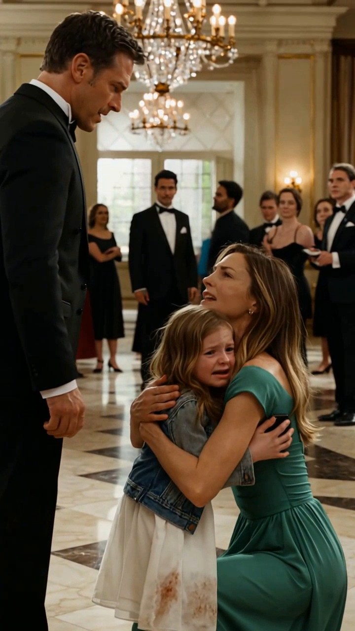 He Called the Little Girl a Thief in Front of the Entire Ballroom—Then Her Mother Asked to See the Security Footage  By the time Mia Carter reached the ballroom entrance, the celebration was already in full swing.  Crystal chandeliers glowed above hundreds of guests dressed in black tuxedos and evening gowns. Waiters moved between marble columns carrying trays of champagne. A string quartet played near the dance floor while cameras flashed around the stage at the far end of the room.  To most people, it looked like a perfect evening.  To eight-year-old Mia, it looked like a place where she did not belong.  She stood near the entrance in a worn white dress and a faded denim jacket, holding tightly to her mother’s hand. Her shoes had been polished that afternoon, but small scratches remained across the toes.  “Stay close to me,” Evelyn said.  Mia nodded.  Evelyn Carter wore a deep green evening gown borrowed from a friend. The dress fit well, but the fabric showed faint signs of age along the seams. Her long dark-blonde hair rested against her shoulders, and although she kept her posture straight, she appeared just as uncomfortable as her daughter.  They had almost not come.  The invitation had arrived two weeks earlier in a thick cream envelope bearing the gold crest of the Whitmore Foundation.  Evelyn had read it three times before believing it was real.  The foundation was hosting its annual charity celebration for families affected by rare childhood illnesses. Mia had been one of the children selected to receive an education grant.  That alone would have been reason enough to attend.  But there was another reason Evelyn had not told her daughter.  Someone at the event had asked to meet Mia personally.  The invitation did not say who.  It only said the meeting could change their future.  Mia looked up at her mother.  “Are rich people always this quiet?”  Evelyn glanced around at the crowd.  “They’re not quiet.”  “They whisper.”  “That’s still talking.”  “It feels quieter.”  Evelyn smiled.  “Just remember why we’re here.”  “For the school money.”  “And?”  “To say thank you.”  “And?”  Mia sighed.  “To stand up straight.”  “That too.”  They moved farther into the ballroom.  A woman at the registration table checked their names, then looked at Mia’s denim jacket.  “You may leave outerwear in the cloakroom.”  Mia pulled the jacket tighter.  “I want to keep it.”  The woman raised an eyebrow.  Evelyn stepped forward.  “She’s comfortable wearing it.”  The woman forced a smile and handed them two place cards.  Their table was near the back of the room.  They were still trying to find it when Mia noticed a smartphone lying on a narrow table beside the entrance.  The phone’s screen was lit.  A video call was active.  An elderly man’s face appeared on the screen, but the sound was muted. He seemed confused, tapping the glass from the other side as though trying to get someone’s attention.  Mia stopped.  “Mom, someone left their phone.”  Evelyn was speaking to an event coordinator and did not hear her.  Mia looked around.  No one appeared to be watching the device.  She stepped closer.  The man on the screen waved.  Mia picked up the phone.  “Hello?”  Before she could hear whether he replied, a hand ripped the device from her fingers.  Mia stumbled backward.  Her heel caught against the edge of the marble step.  She fell hard onto the floor.  The music continued for half a second before nearby guests began turning toward the sound.  Mia looked up.  A tall man in a black tuxedo stood over her holding the phone.  He had short dark hair, a stern face and the posture of someone accustomed to being obeyed.  “What do you think you’re doing?” he demanded.  Mia’s eyes widened.  “I was only—”  “Who gave you permission to touch my phone?”  “I thought someone lost it.”  The man glanced at her worn jacket, then at the people gathering around them.  “You little thief.”  The word cut through the ballroom more sharply than his raised voice.  Mia’s lower lip trembled.  “I didn’t steal it.”  “Looks like someone taught you well.”  Evelyn turned.  She saw her daughter on the floor.  Then she saw the man towering over her.  “Mia!”  She rushed across the marble and dropped to her knees, wrapping both arms around the child.  “Are you hurt?”  “My hand.”  Evelyn examined her wrist.  It was red, but Mia could still move her fingers.  The man pointed toward her.  “She was going through my phone.”  Mia clung to her mother.  “Mom, I didn’t take it. I swear.”  Evelyn stood slowly and positioned herself in front of Mia.  “Sir, why are you accusing my daughter?”  The man gave a short laugh.  “Because I caught her holding my phone.”  “She said she found it.”  “She was trying to walk away.”  “I wasn’t,” Mia whispered.  Evelyn never looked away from him.  “What is your name?”  “Richard Hale.”  Several guests nearby recognised it.  Richard Hale was not simply another attendee. He was a major donor, a property developer and one of the evening’s headline sponsors. His name appeared on the printed programme beside the foundation’s gold emblem.  He seemed aware of that fact.  “And you are?” he asked.  “Evelyn Carter.”  Richard looked at her dress, then at Mia.  “Were you invited?”  The question was quiet enough to sound polite, but everyone understood what he meant.  Evelyn held up their place cards.  “Yes.”  Richard barely glanced at them.  “That doesn’t explain why your daughter had my phone.”  “She already explained.”  “She lied.”  Mia began crying again.  Evelyn’s breathing changed.  For one moment, anger flashed across her face.  Then it disappeared.  “Did you see her take it from your pocket?”  “No.”  “Did you see her remove it from a table?”  “No, but—”  “Did you see her unlock it?”  Richard’s jaw tightened.  “She was holding it.”  “That is not the same thing.”  He glanced toward the crowd, searching for support.  “Look at the way she’s dressed. She looked suspicious the moment she walked in.”  The ballroom became almost completely silent.  A waiter standing nearby lowered his tray.  Two women beside the registration desk exchanged uncomfortable looks.  Mia stared at the floor.  Evelyn stepped closer to Richard.  “Then let’s stop guessing.”  He frowned.  “I want to see the security footage.”  Richard folded his arms.  “Go ahead.”  A mocking smile appeared on his face.  “You’ll only embarrass yourself.”  Evelyn reached into her evening clutch and removed a black smartphone.  “No,” she said calmly. “I think everyone deserves to know exactly what happened.”  Richard’s smile weakened.  “Put the phone away.”  “Why?”  More guests began gathering around them.  Evelyn unlocked the device.  “Are you worried about what’s about to be seen?”  Richard took one cautious step forward.  “Wait.”  Evelyn turned the phone slightly, keeping the screen hidden from the crowd.  The footage was not on it yet.  But Richard did not know that.  His expression changed so quickly that Evelyn noticed.  So did everyone else.  She had expected arrogance.  She had not expected fear.  “What are you hiding?” she asked.  “I’m not hiding anything.”  “Then you won’t object to security reviewing the cameras.”  Richard looked toward the ballroom entrance.  A young security guard had appeared beside the registration table.  Richard raised his voice.  “This woman is creating a disturbance.”  “No,” Evelyn said. “You created it when you knocked an eight-year-old child to the floor.”  “I never touched her.”  “You tore the phone from her hands.”  “She fell.”  “Because of you.”  The guard approached cautiously.  “Is there a problem?”  Richard pointed at Mia.  “That child attempted to steal my phone.”  The guard looked uncertain.  Evelyn handed him their place cards.  “My daughter found the phone unattended. Mr Hale grabbed it from her and accused her publicly without checking what happened.”  Richard shook his head.  “She was moving away with it.”  “I was not,” Mia said through tears.  The guard looked toward the nearest ceiling camera.  “The incident should be recorded.”  “Then bring us to the security room,” Evelyn said.  Richard’s voice hardened.  “That won’t be necessary.”  Evelyn turned toward him.  “A moment ago, you said I should go ahead.”  “I’ve reconsidered. This event is not going to stop because of a misunderstanding.”  “Mia being called a thief is not a misunderstanding.”  Richard looked at the guard.  “Remove them.”  The guard did not move.  A woman in a navy gown stepped out from the crowd.  “I think the footage should be reviewed.”  Richard stared at her.  “This doesn’t concern you.”  “It concerns anyone who donated to a foundation claiming to protect children.”  Another guest nodded.  “She’s right.”  Then someone else spoke.  “Show the footage.”  The whispers spread.  Richard’s confidence began to collapse under the weight of the crowd.  Evelyn crouched beside Mia.  “Do you want to leave?”  Mia wiped her face.  “No.”  “Are you sure?”  “He said I stole it.”  “I know.”  “I want them to see.”  Evelyn stood.  “So do I.”  The security guard led them through a side corridor toward a small control room behind the ballroom.  Richard followed closely.  So did the event director, two members of the foundation board and several guests who refused to return to their tables.  Inside the room, a wall of monitors displayed different sections of the hotel.  The security supervisor rewound the camera positioned above the ballroom entrance.  The image appeared in black and white.  Everyone watched.  Richard arrived at the entrance speaking angrily into his phone. He placed it on the side table while signing a document at registration.  Then he walked away.  The phone remained there.  Less than a minute later, Mia entered the frame with Evelyn.  The elderly man appeared on the active video call.  Mia noticed the device.  She waited.  She looked around.  Then she picked it up.  She did not place it in her jacket.  She did not walk toward the exit.  She stood exactly where she had found it and spoke to the person on the screen.  Richard re-entered the frame.  He grabbed the phone.  Mia fell.  No one in the room spoke.  The supervisor paused the footage.  Evelyn looked at Richard.  “She didn’t steal anything.”  Richard’s face had turned pale.  “She still had no right to touch it.”  The event director stared at him.  “That is your response?”  “She invaded my privacy.”  “She saw an abandoned phone with an active call,” Evelyn said.  Richard looked at the paused image.  The elderly man’s face was still visible on the screen.  Suddenly, Mia pointed.  “That’s the man I was trying to help.”  The supervisor enlarged the frame.  The image was grainy, but the face could be seen clearly enough.  One of the board members leaned forward.  “Is that Charles Hale?”  Richard said nothing.  The event director looked at him.  “Your father?”  Richard’s shoulders stiffened.  The phone in his hand began ringing.  Everyone looked down.  The same elderly man’s name appeared on the screen.  DAD.  Richard rejected the call.  Evelyn noticed.  “Why won’t you answer him?”  “That is none of your business.”  Mia looked at Richard.  “He looked scared.”  “He gets confused.”  “Then why did you leave him on the phone?”  Richard turned sharply.  “Stop talking.”  Evelyn stepped in front of Mia.  “You will not speak to her like that again.”  The board member who had recognised Charles crossed his arms.  “Richard, your father was supposed to attend tonight.”  “He wasn’t feeling well.”  “He appeared to be dressed for the event.”  Richard’s phone rang again.  This time, the event director held out her hand.  “Answer it.”  Richard stared at her.  “You have no authority over my family.”  “No. But you are attending a charity event using your father’s name and company pledge. If something is wrong, we need to know.”  Richard looked toward the door.  The security guard moved slightly, blocking the path without touching him.  Richard answered.  “What?”  The elderly man’s voice was loud enough for those closest to hear.  “Richard? Where are you? The driver hasn’t come.”  Richard lowered the volume.  “I told you to stay home.”  “You said the car would return.”  “I said I would call.”  “No, you didn’t.”  Richard closed his eyes.  “Dad, we’ll discuss this later.”  “Who was the little girl?”  Richard glanced at Mia.  “No one.”  Mia’s face changed.  Evelyn took a step forward.  The elderly man continued.  “She answered when you left the phone. She said she would find help.”  Richard ended the call.  The room remained silent.  One board member looked at him with open disgust.  “You left your father alone?”  “He has a caretaker.”  “Then why was he waiting for a driver?”  Richard shoved the phone into his jacket.  “This has nothing to do with the girl.”  Evelyn studied him carefully.  “No. But it has something to do with why you panicked when I mentioned security footage.”  Richard’s face tightened.  The event director turned toward the supervisor.  “Go back twenty minutes before Mr Hale entered.”  Richard stepped forward.  “That is unnecessary.”  The supervisor looked at the director.  She nodded.  The footage rewound.  They watched Richard enter the hotel through a private side door. An older driver followed, holding a wheelchair folded beside him.  Richard stopped the driver and spoke to him.  There was no audio.  But his gestures were clear.  He pointed outside.  The driver appeared confused.  Richard handed him cash.  The driver left.  Then Richard took a small envelope from the wheelchair pocket, placed it inside his own tuxedo and abandoned the chair near a storage corridor.  One of the board members turned to him.  “What was in the envelope?”  Richard did not answer.  “Richard?”  “It was mine.”  The board member shook his head.  “No. That was the foundation pledge your father planned to present tonight.”  Evelyn felt Mia take her hand.  The truth was beginning to form.  Charles Hale, Richard’s eighty-two-year-old father, had founded the Hale Development Group. He had also pledged five million dollars to expand the foundation’s education programme.  But the donation had not yet been formally signed.  Charles intended to attend the celebration and announce it personally.  Richard, who had recently taken over daily control of the company, opposed the gift.  He believed his father was giving away money that should eventually belong to him.  So he had dismissed the driver, left Charles waiting at home and taken the unsigned pledge documents.  The active video call had not been accidental.  Charles had called while Richard was entering the ballroom.  Richard placed the phone down because the registration staff asked for his attention.  When Mia picked it up, she became the only person inside the ballroom who had spoken to Charles that evening.  Richard had not merely feared that she touched his phone.  He feared she had heard something.  “What did the man say to you?” Evelyn asked gently.  Mia thought carefully.  “He said, ‘Richard took the papers.’”  Everyone turned toward Richard.  Mia continued.  “He asked where he was. I told him there were lights and music. Then Mr Richard grabbed the phone.”  Richard shook his head.  “She is making that up.”  The security supervisor unmuted a secondary camera near the entrance.  The sound was faint, but Mia’s voice could be heard.  “Are you okay, sir?”  Then Charles:  “Please find someone. My son took the papers.”  Richard’s face collapsed.  The board member reached for his own phone.  “I’m calling Charles.”  “You will not,” Richard snapped.  “You don’t control him.”  “He isn’t mentally capable of making decisions.”  The event director stared at him.  “Has that been legally established?”  Richard said nothing.  “Does your father have a court-appointed guardian?”  “No.”  “Then he remains fully entitled to manage his own affairs.”  Richard looked around the room.  “You’re all accepting the word of a confused old man and a child who doesn’t belong here.”  Mia’s grip tightened around Evelyn’s hand.  Evelyn stepped forward.  “She belongs here more than you do.”  Richard laughed bitterly.  “And who exactly are you?”  Until that moment, Evelyn had avoided answering.  Not because she was ashamed.  Because she had promised herself she would not use her position unless necessary.  Now it was necessary.  She opened her clutch and removed the invitation.  Inside it was a second card bearing the Whitmore Foundation seal.  “My name is Evelyn Carter,” she said. “I am the attorney appointed to review the foundation’s new education grants and verify major donor agreements.”  The event director stared at her.  “You’re the independent counsel?”  “Yes.”  Richard’s eyes widened.  Evelyn continued.  “I was asked to attend quietly because the board had concerns about financial pressure being placed on elderly donors.”  Richard looked toward the door again.  The security guard remained there.  Evelyn held up her phone.  “When I unlocked this earlier, I wasn’t showing the footage.”  Richard said nothing.  “I was opening the file your father sent to the foundation this afternoon.”  She turned the screen toward the board members.  It contained a signed statement from Charles Hale.  In it, he confirmed his intention to donate five million dollars and expressed concern that Richard had attempted to stop him from attending the event.  Charles had asked the foundation to contact an independent lawyer if he failed to arrive.  Evelyn had been waiting to meet him.  Richard stared at the document.  “He’s being manipulated.”  “By whom?”  “You. The foundation. Anyone who wants his money.”  Evelyn’s voice remained calm.  “Then he can speak with independent counsel and a medical professional. But you do not get to isolate him, take his documents and dismiss anyone who hears him asking for help.”  The room door opened.  A hotel employee entered with another man.  The second man was in his sixties and wore a dark overcoat.  “I’m Daniel Hale,” he said. “Charles is my brother.”  Richard’s face went completely still.  Daniel had been contacted by the foundation board after Charles missed the event.  He had already spoken with his brother.  A car was on its way to bring Charles safely to the hotel.  Daniel looked at Richard.  “You left him alone after taking his phone records and dismissing his driver?”  Richard opened his mouth.  Daniel raised a hand.  “Don’t.”  For the first time that evening, Richard had nothing to say.  The foundation’s security team escorted him from the ballroom while the board contacted authorities and Charles’s legal advisers.  No one applauded.  The moment felt too serious for celebration.  But as Richard passed Mia, he looked at her with something close to hatred.  “This is your fault.”  Mia moved behind her mother.  Evelyn stepped between them.  “No,” she said. “This happened because she told the truth.”  Richard was taken through the service corridor and out of the building.  When Evelyn and Mia returned to the ballroom, the guests had already heard fragments of what happened.  Some watched them with curiosity.  Others looked embarrassed.  Several had stood nearby when Richard called Mia a thief and said nothing.  A woman approached Mia.  “I’m sorry,” she said. “I should have spoken up.”  Another guest followed.  “So should I.”  Mia did not know what to say.  Evelyn placed a hand on her shoulder.  “You don’t owe anyone an answer right now.”  The event director walked onto the stage and quietly asked for everyone’s attention.  She did not reveal the full details.  She simply announced that a misunderstanding involving a young guest had been resolved, and that the child had done nothing wrong.  Then she invited Mia and Evelyn to the front.  Mia shook her head immediately.  “I don’t want to go.”  “You don’t have to,” Evelyn said.  At that moment, the ballroom doors opened.  An elderly man entered in a wheelchair.  Charles Hale looked exhausted but alert.  Daniel pushed the chair toward the centre of the room.  Guests moved aside.  Charles searched the crowd until he saw Mia.  “That’s her,” he said.  The entire ballroom watched as he approached the little girl in the faded denim jacket.  Mia looked at her mother.  Evelyn nodded.  Charles stopped in front of her.  “You answered the phone.”  Mia swallowed.  “Yes, sir.”  “You asked if I was okay.”  “Yes.”  “Most adults didn’t.”  Mia looked down.  “I thought you needed help.”  Charles smiled sadly.  “I did.”  He reached into his coat and removed a folded handkerchief. Inside was a small silver pin shaped like an open book.  “This belonged to my wife,” he said. “She started the first scholarship programme our family ever funded.”  Mia looked at Evelyn.  “Can I take it?”  “Yes.”  Charles placed the pin in Mia’s hand.  “I would like you to have it.”  Mia closed her fingers around it.  “Thank you.”  Charles looked toward the stage.  “My son tried to stop me from giving away money he believed would one day belong to him.”  A murmur moved through the room.  “He forgot that wealth is not inherited only through bank accounts. It is inherited through character.”  His gaze returned to Mia.  “This child showed more character in one minute than many people show in a lifetime.”  The crowd remained silent.  Charles announced that the five-million-dollar education pledge would proceed.  Then he added something no one expected.  He wanted the new programme renamed.  Not after himself.  Not after his company.  The Mia Carter Courage Fund would provide school assistance to children whose families could not afford formalwear, transportation or other hidden costs that often kept them away from opportunities created for them.  Mia tugged at Evelyn’s gown.  “Can he do that?”  Evelyn smiled through tears.  “It’s his gift.”  “But I didn’t do anything.”  “You picked up a phone.”  “I only wanted to help.”  “That was the important part.”  Months later, Richard Hale faced charges related to financial coercion, unlawful interference with his father’s affairs and attempted misappropriation of charitable documents.  Charles moved temporarily into Daniel’s home while independent doctors confirmed that he remained capable of making his own legal and financial decisions.  The video from the ballroom was never released publicly.  The foundation refused to turn Mia’s fall into entertainment.  But the story spread anyway.  Guests told friends.  Employees discussed it.  An anonymous attendee wrote about the evening without identifying the child.  The account was shared thousands of times.  Most readers focused on Richard’s accusation.  Others focused on the security footage.  But Evelyn remembered something else.  Before the evidence appeared, before anyone knew who Evelyn was or why Charles’s phone mattered, an eight-year-old girl had already told the truth.  And almost no one believed her.  One year later, Mia returned to the same ballroom for the foundation’s next celebration.  She wore a simple blue dress and the same faded denim jacket.  It was too small now, but she refused to replace it.  The silver book pin was attached above the front pocket.  Near the entrance, a staff member accidentally left a phone on the registration table.  Mia noticed it.  She stopped.  Then she looked around before touching anything.  A security guard recognised her and smiled.  “It’s mine,” he said. “Thank you for noticing.”  Mia nodded and continued into the ballroom.  Evelyn walked beside her.  “Are you nervous?”  “A little.”  “You don’t have to speak tonight.”  “I know.”  But when the programme reached the education fund, Mia walked onto the stage.  She stood beneath the chandeliers, looking smaller than the microphone in front of her.  Hundreds of guests waited.  Mia unfolded a short speech she had written herself.  “My mother says people sometimes decide who you are before you speak,” she began. “They look at your clothes, your shoes or where you are sitting.”  The ballroom became still.  “But being believed should not depend on looking important.”  Evelyn covered her mouth.  Mia continued.  “If a child says something happened, please listen before deciding they are wrong. And if someone needs help, it is okay to ask questions—even when an important person tells you to be quiet.”  She folded the paper.  “That’s all.”  The crowd rose.  This time, they did applaud.  Mia looked toward her mother.  Evelyn smiled.  The security footage had proved that Mia was innocent.  But the camera had revealed something larger than the truth about a missing phone.  It showed how quickly a powerful man had been believed.  How easily a frightened child had been judged.  How many people had remained silent until it became safe to speak.  And how one little girl, dressed in clothes others considered suspicious, had unknowingly protected an elderly man everyone else had forgotten to check on.  Richard had looked at Mia and seen someone who did not belong.  He had been wrong.  She had not only belonged in that ballroom.  By the end of the night, she had become the most important person in it.