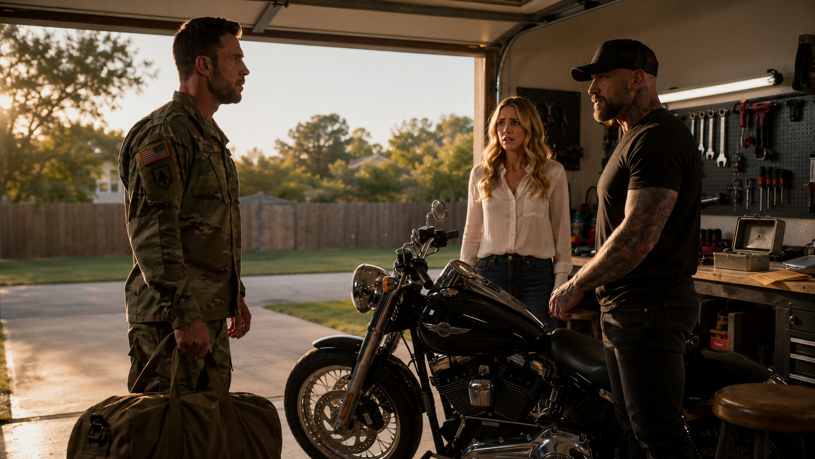 The Soldier Came Home Early—and Found a Biker in His Garage, but the Secret His Wife Hid Was Bigger Than Betrayal