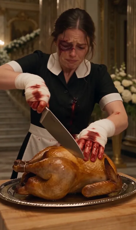 THE MAFIA BOSS WATCHED HIS BRUISED MAID CHOP THROUGH A ROAST CHICKEN WHILE FORTY GUESTS STARED, BUT SHE WAS NOT TRYING TO RUIN DINNER.