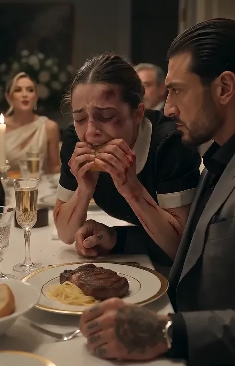 THE MAFIA BOSS WATCHED HIS BRUISED MAID STEAL GARLIC BREAD FROM HIS PLATE THEN REALIZED SHE HAD NOT EATEN SINCE BREAKFAST