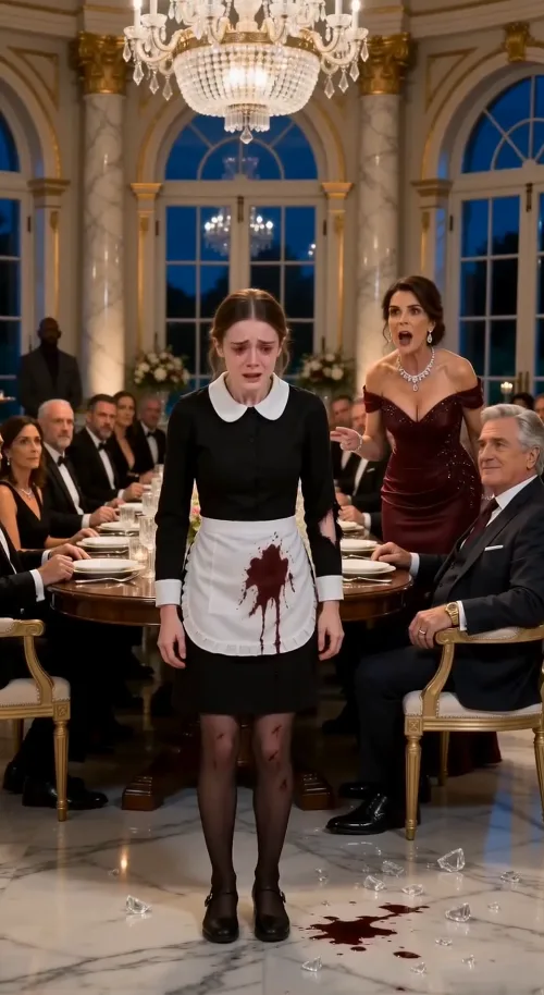 THE MAFIA BOSS SAW RED WINE DRIPPING FROM HIS MAID'S APRON AS HIS FIANCÉE ORDERED HER TO SCRUB THE FLOOR WITH INJURED KNEES—BUT WHEN HE NOTICED HER RIPPED SLEEVE, HE REALIZED SOMEONE AT THE TABLE WAS HIDING SOMETHING TERRIBLE!