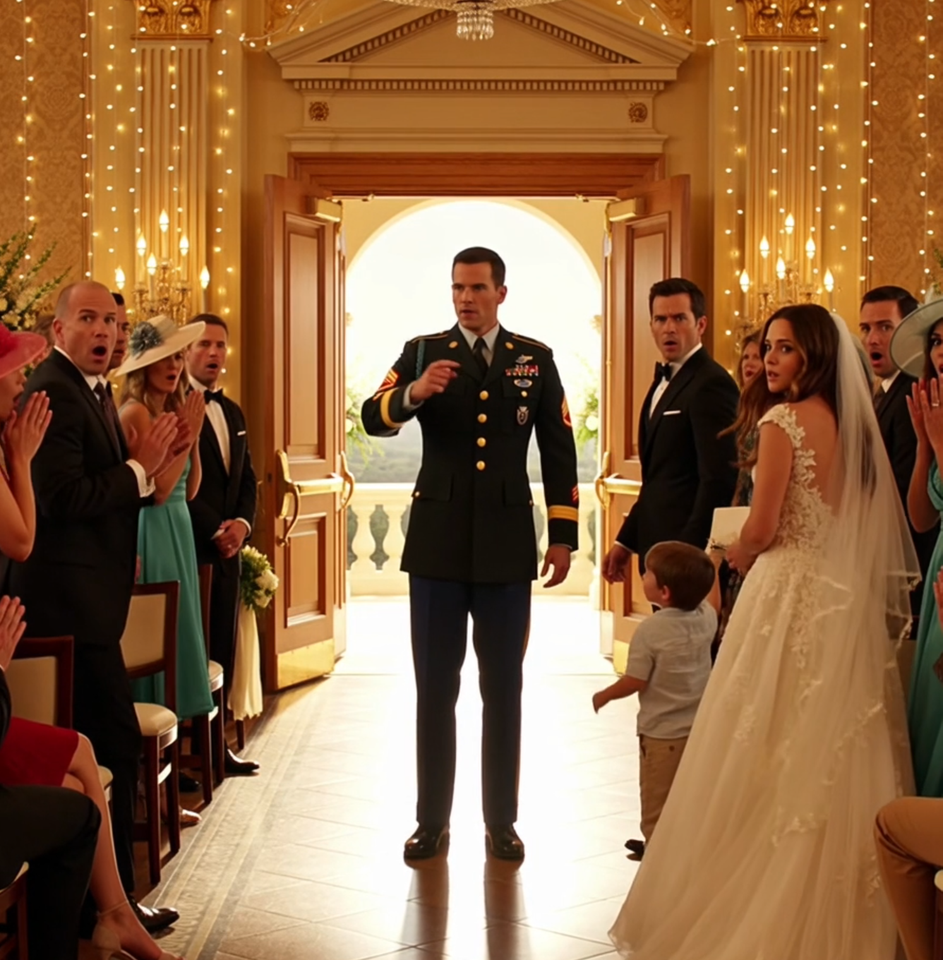 The wedding hall sparkled beneath thousands of golden lights.
