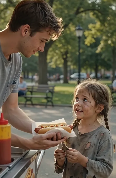 The Hot Dog Promise: He Fed a Starving Little Girl for One Coin—Twenty Years Later, a Black Car Stopped at His Broken Cart