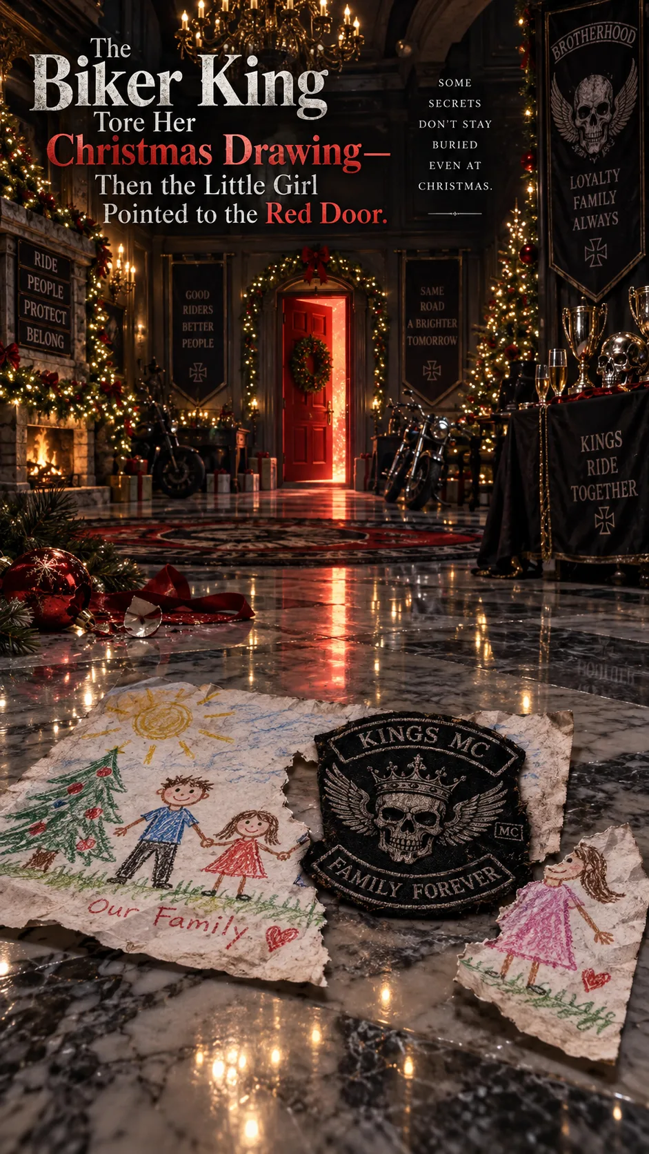 THE BIKER KING TORE HER CHRISTMAS DRAWING—THEN THE LITTLE GIRL POINTED TO THE RED DOOR