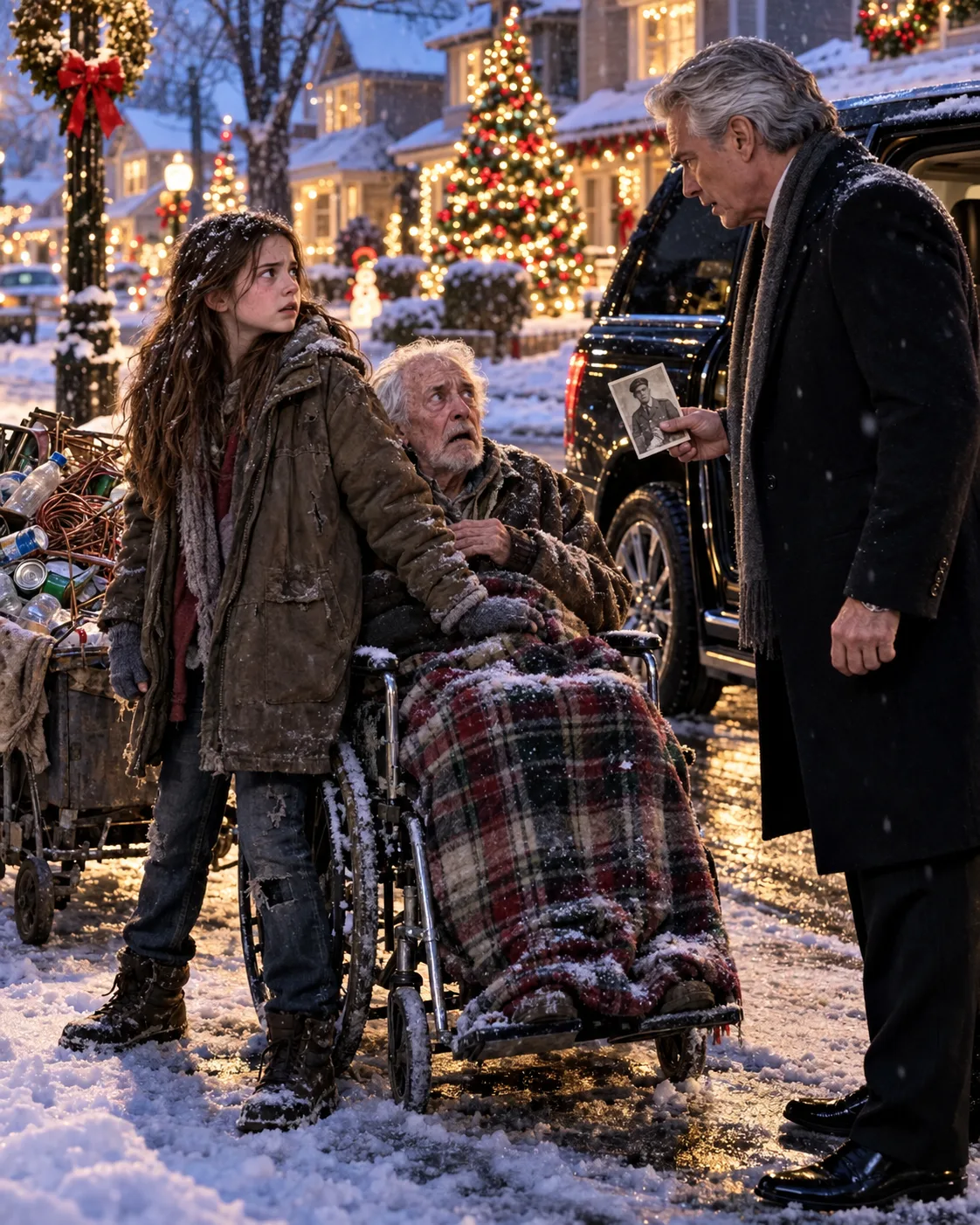 THE LITTLE GIRL PUSHED HER GRANDPA’S WHEELCHAIR THROUGH THE CHRISTMAS SNOW—THEN A MILLIONAIRE CALLED HIM BY ANOTHER NAME