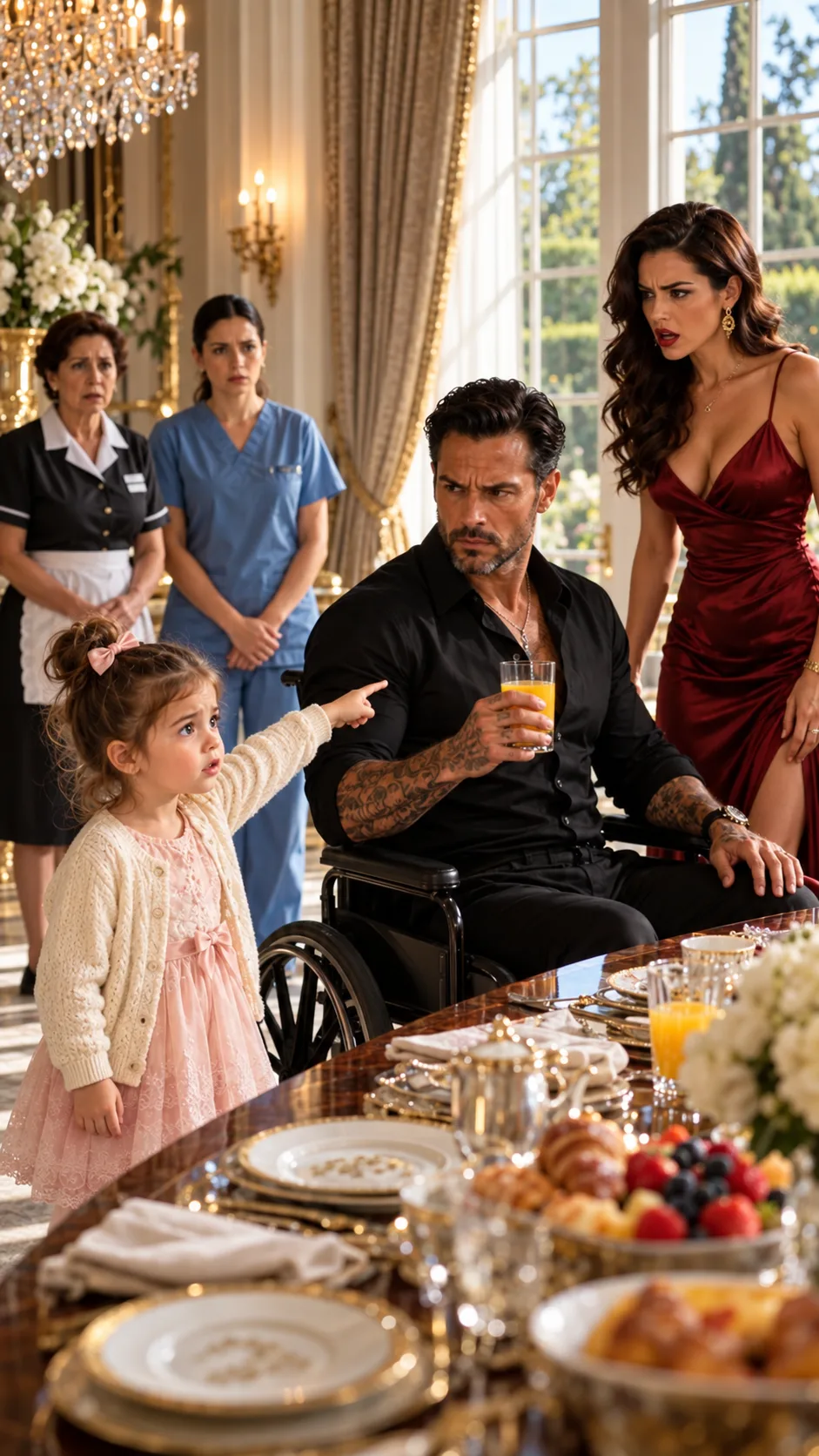 THE LITTLE GIRL STOPPED THE MAFIA BOSS FROM DRINKING—THEN SHE POINTED AT THE WOMAN BEHIND HIS WHEELCHAIR