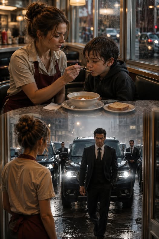 I FED A SOAKED, SHIVERING BOY IN MY DYING DINER AND ASKED FOR NOTHING IN RETURN. BEFORE MIDNIGHT, THREE BLACK SUVS SURROUNDED THE BUILDING, AND THE MOST FEARED MAN IN CHICAGO WALKED INSIDE. THEN THE CHILD OPENED HIS SOGGY PAPER BAG AND WHISPERED, “SHE DIDN’T LOSE ME, PAPA. SHE LEFT ME.”