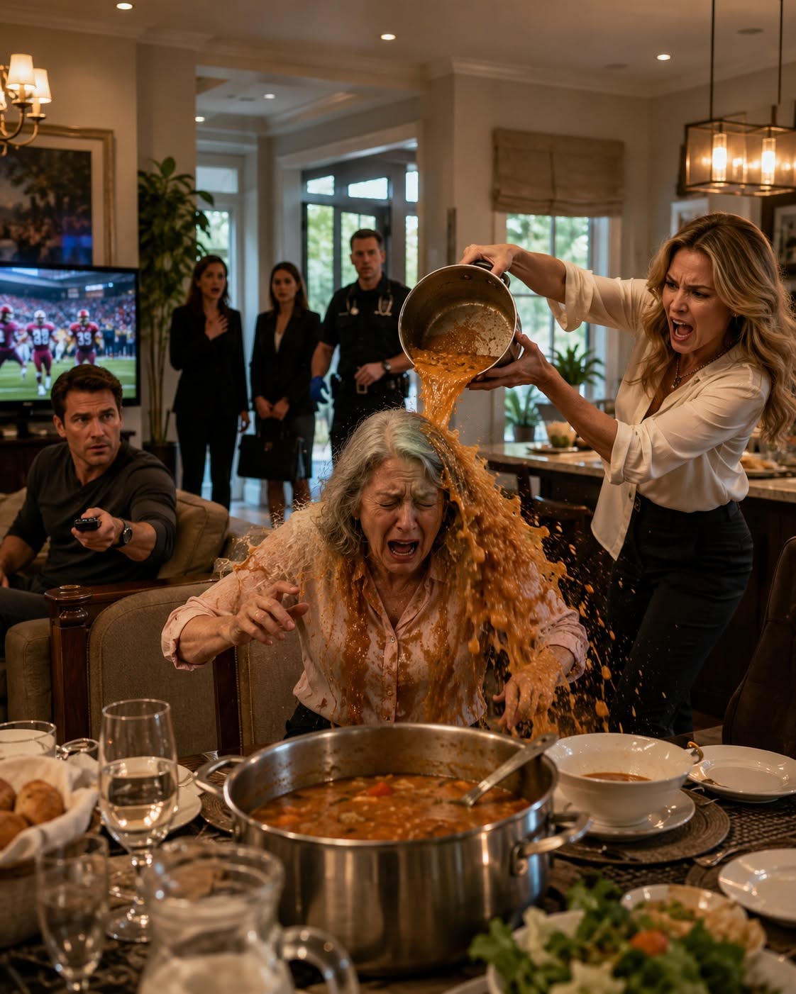 MY DAUGHTER IN LAW POURED BOILING SOUP OVER MY HEAD WHILE MY SON TURNED UP THE FOOTBALL GAME. SHE LAUGHED WHEN I CALLED MY ATTORNEY, UNTIL THE TELEVISION REPLAYED THE ASSAULT AND EVERY ASSET SHE THOUGHT SHE OWNED STOPPED RECOGNIZING HER NAME.