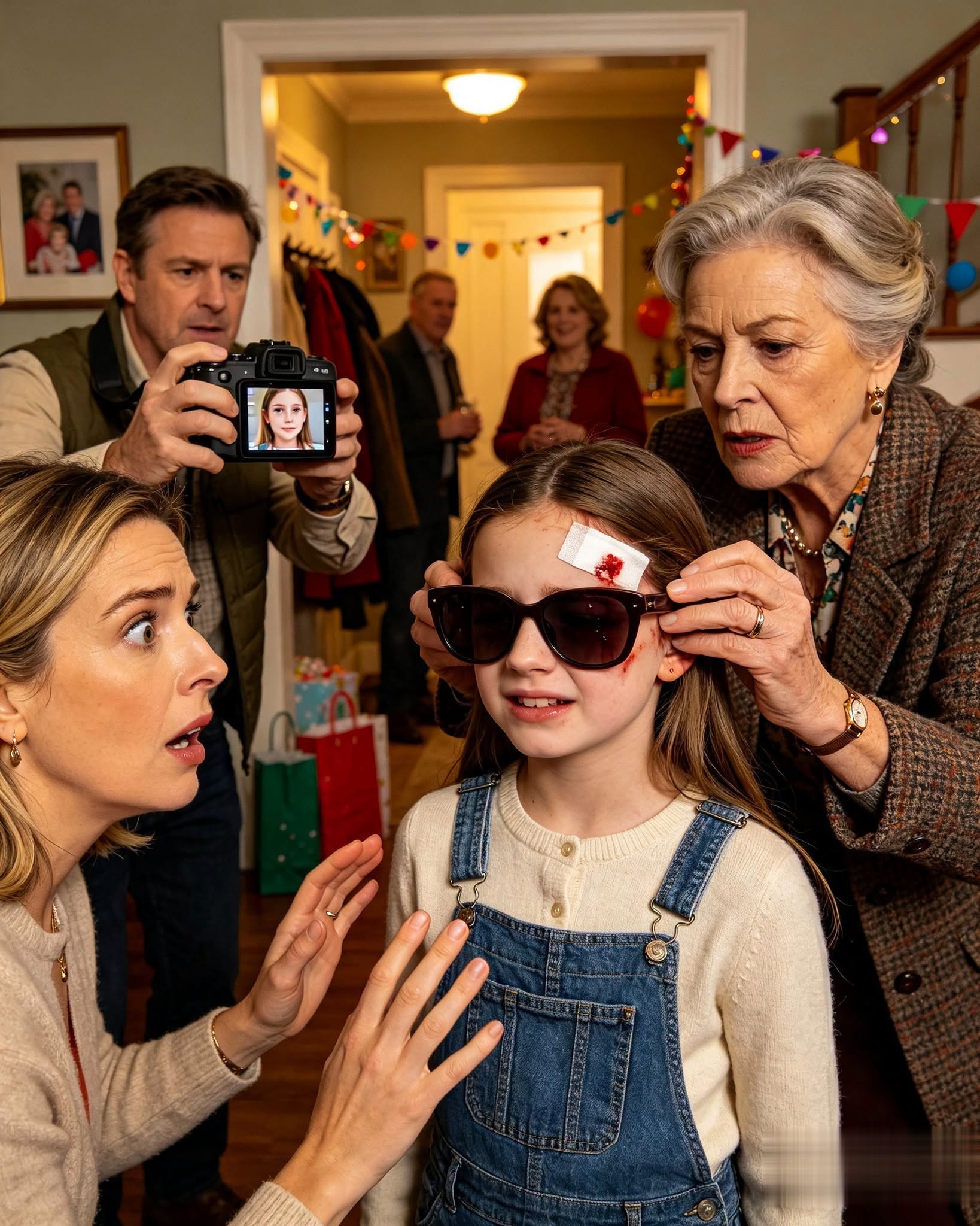 MY MOTHER IN LAW PUT SUNGLASSES ON MY NINE YEAR OLD DAUGHTER BEFORE HER BIRTHDAY PARTY AND SAID SHE WAS “SENSITIVE TO LIGHT.” WHEN I TOOK THEM OFF, ONE EYE WAS SWOLLEN AND A BLOODSTAINED GAUZE PAD SAT ABOVE HER BROW. GRANDMA CALLED IT A LITTLE ACCIDENT. THEN THE FAMILY PHOTOGRAPHER SHOWED ME A PICTURE TAKEN FORTY THREE MINUTES EARLIER.