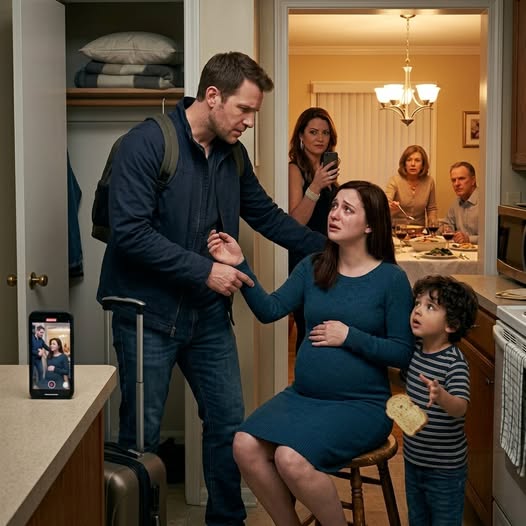 I CAME HOME TWO DAYS EARLY AND FOUND MY EIGHT MONTH PREGNANT WIFE SLEEPING ON A STORAGE ROOM FLOOR WHILE MY FIVE YEAR OLD SON ATE STALE BREAD. MY SISTER LAUGHED, “A USELESS WIFE DOESN’T BELONG AT OUR TABLE.” I DIDN’T ARGUE. I PRESSED RECORD AND TOLD MY FATHER, “I’LL SIGN YOUR PAPERS TOMORROW.” HE HAD NO IDEA WHICH DOCUMENT I ACTUALLY INTENDED TO SIGN