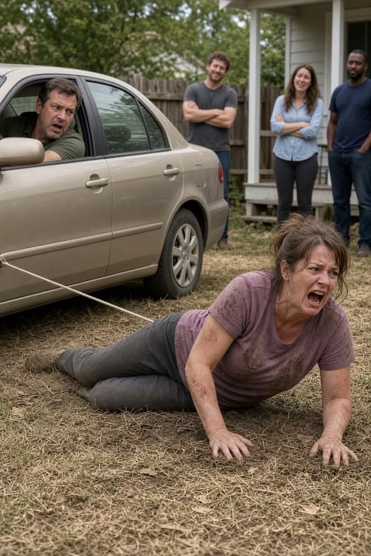 MY LEGS WERE ALREADY PARALYZED WHEN MY HUSBAND TIED ME BEHIND HIS CAR AND DRAGGED ME ACROSS THE YARD WHILE HIS FRIENDS LAUGHED. I COULDN’T STAND UP TO STOP HIM, SO I STARTED SCREAMING THEIR NAMES. ONE BY ONE, THE LAUGHTER DIED—AND THEN BRENT NOTICED THE RED LIGHT BLINKING ON THE FENCE