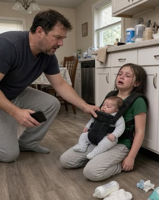 MY NINE-YEAR-OLD DAUGHTER CALLED FROM HOME AND WHISPERED, “DAD, I CAN’T HOLD THE BABY ANYMORE.” I FOUND HER COLLAPSED ON THE KITCHEN FLOOR WITH MY EIGHT-MONTH-OLD SON STRAPPED TO HER CHEST. MY WIFE SAID SHE HAD ONLY BEEN GONE SEVENTEEN MINUTES. THEN I FOUND THE SECOND PHONE SHE HAD HIDDEN IN OUR BEDROOM.