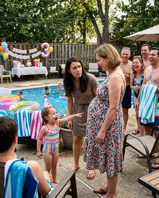 AT MY DAUGHTER’S THIRD BIRTHDAY, SHE POINTED AT MY PREGNANT STEPMOTHER AND SCREAMED, “DADDY’S IN THERE!” EVERYONE LAUGHED UNTIL SHE DRAGGED ME TO CLARA’S BEACH BAG—AND THE PHONE VIBRATING INSIDE WAS THE ONE MY HUSBAND HAD SWORN HE LOST FIVE MONTHS EARLIER