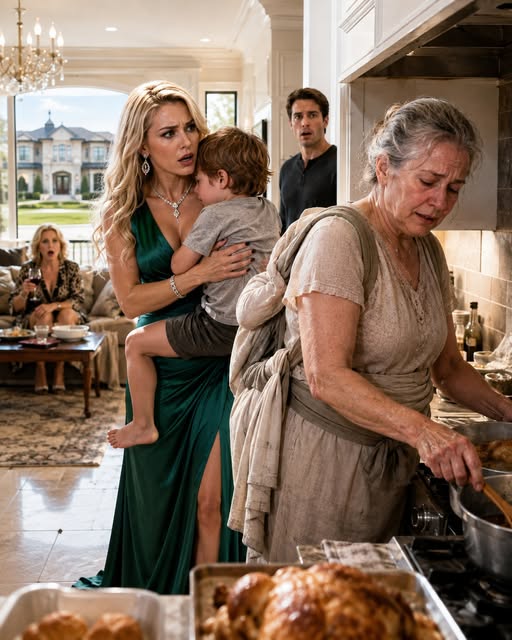 I CAME HOME EARLY AND FOUND MY ARTHRITIC MOTHER COOKING FOR MY HUSBAND’S ENTIRE FAMILY WITH MY FIVE YEAR OLD STRAPPED TO HER BACK, BUT WHEN SHE PRESSED PLAY ON A RECORDER HIDDEN IN HER APRON, MY HUSBAND WENT PALE AT THE WORDS “THE OTHER HOUSE”