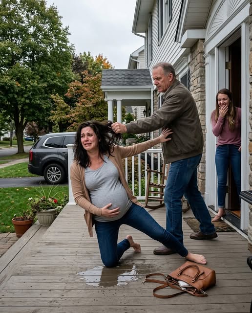 MY FATHER DRAGGED ME BY THE HAIR OUT OF MY OWN HOUSE WHILE I WAS EIGHT MONTHS PREGNANT, AND MY 24-YEAR-OLD STEPMOTHER LAUGHED WHEN MY WATER BROKE. THEY THOUGHT MY DEAD HUSBAND HAD LEFT ME TOO BROKEN TO FIGHT BACK, BUT ONE FORGED SIGNATURE TRIGGERED A SAFEGUARD LUCAS HAD PUT IN PLACE BEFORE HE DIED