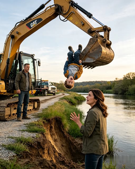 MY HUSBAND HUNG MY EIGHT YEAR OLD SON UPSIDE DOWN FROM AN EXCAVATOR OVER THE RIVER TO FORCE ME TO COME HOME, BUT THE STRANGER FILMING FROM THE BANK HAD ALREADY RECORDED WHAT HAPPENED BEFORE I ARRIVED AND WHY MY HUSBAND NEEDED MY SIGNATURE BEFORE THE POLICE GOT THERE