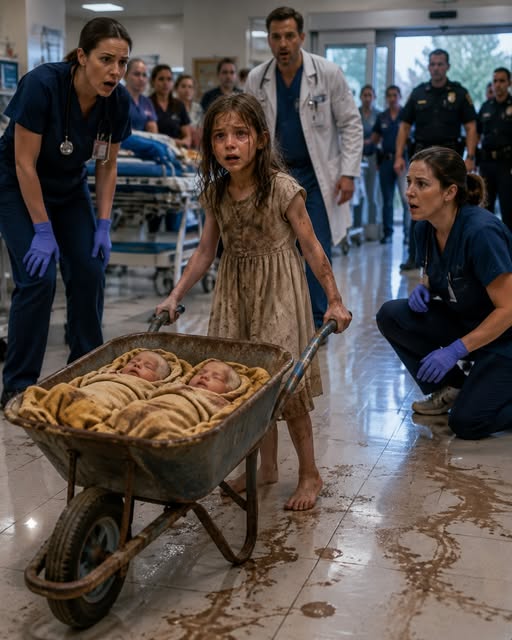 A SEVEN YEAR OLD GIRL PUSHED HER NEWBORN TWINS INTO THE ER IN A RUSTY WHEELBARROW AND WHISPERED, “MY MOMMY HASN’T MOVED FOR THREE DAYS,” THEN SHE SAW WHO WALKED THROUGH THE DOORS