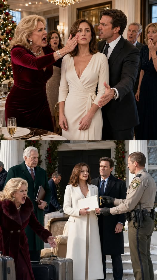 MY MOTHER IN LAW SLAPPED ME ACROSS THE FACE AT CHRISTMAS AND ORDERED ME OUT OF “HER” HOUSE. MY HUSBAND CARRIED OUR THREE YEAR OLD INTO THE SNOW AND SAID, “IT’S OVER.” TWO HOURS LATER, MY FATHER IN LAW PUT THE DEED IN FRONT OF HER AND WHISPERED, “MARGARET, YOU NEVER OWNED THIS HOUSE.” THEN MY PHONE RANG.