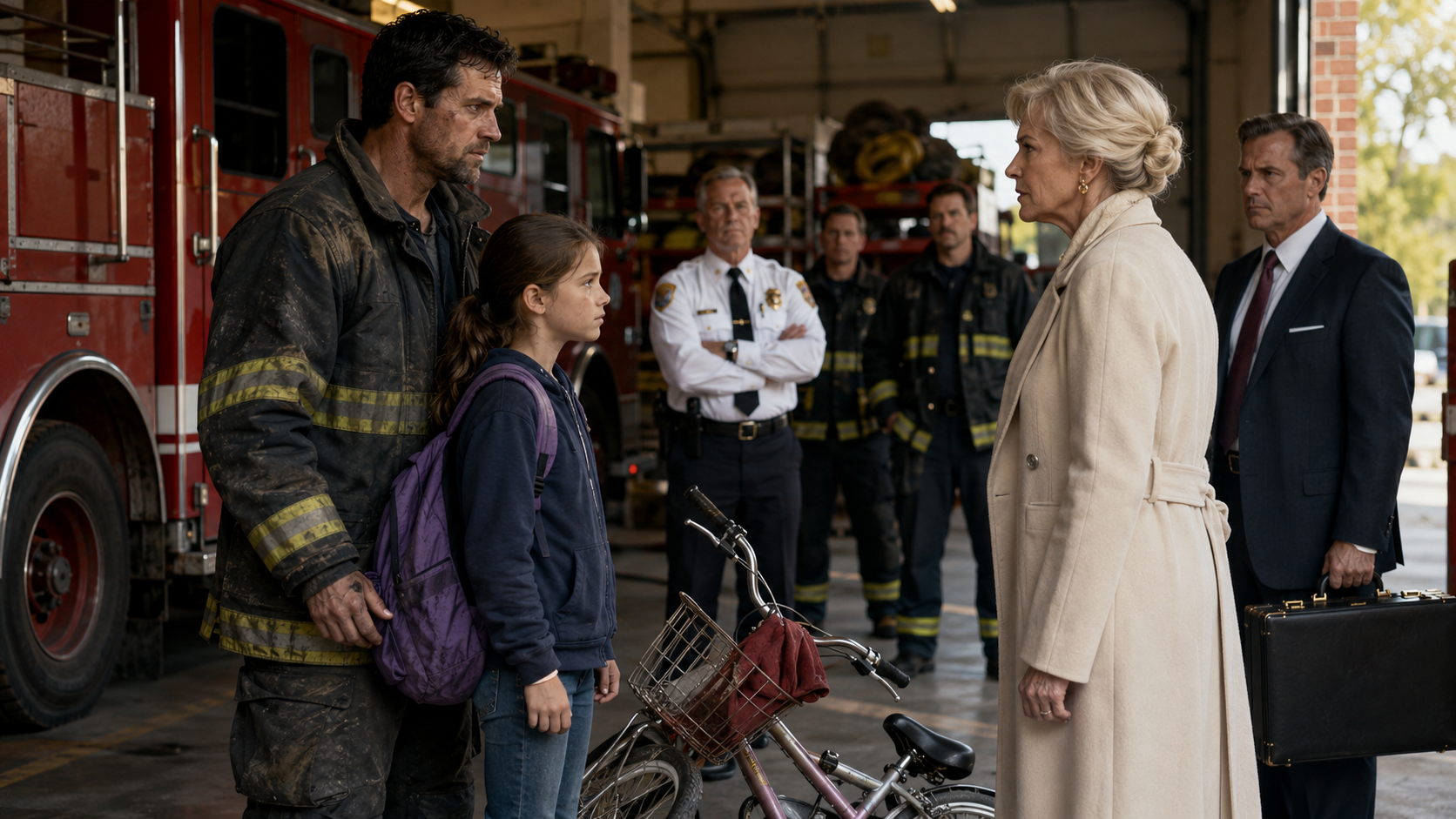 THE CAPTAIN KICKED THE POOR GIRL'S BICYCLE—THEN A FIREFIGHTER SAW HIS FATHER'S BADGE FALL FROM HER RED CLOTH