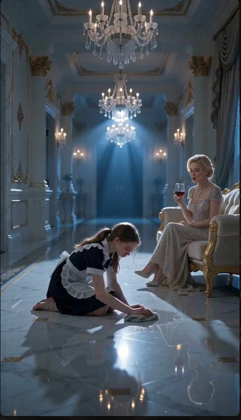 A billionaire father came home early… and found his own daughter crying on her knees while his wife sat nearby, calmly drinking wine.
