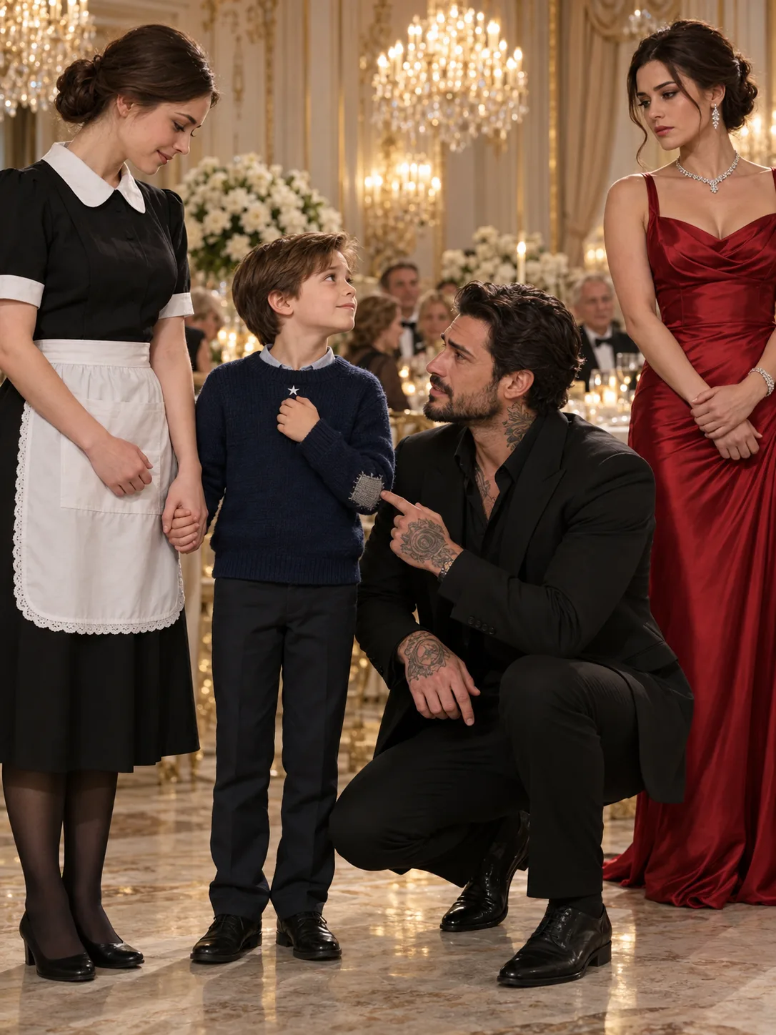 “TAKE THAT SWEATER OFF HIM! HE LOOKS LIKE A BEGGAR!” THE MAFIA BOSS'S FIANCÉE HUMILIATED HIS 25-YEAR-OLD MAID FOR BRINGING HIS NINE-YEAR-OLD SON INTO THEIR ENGAGEMENT DINNER—BUT WHEN LUCA MORETTI SAW WHAT THE BOY WAS WEARING, HE PUT DOWN HIS GLASS AND ASKED ONE QUESTION THAT MADE HIS FIANCÉE GO PALE.*